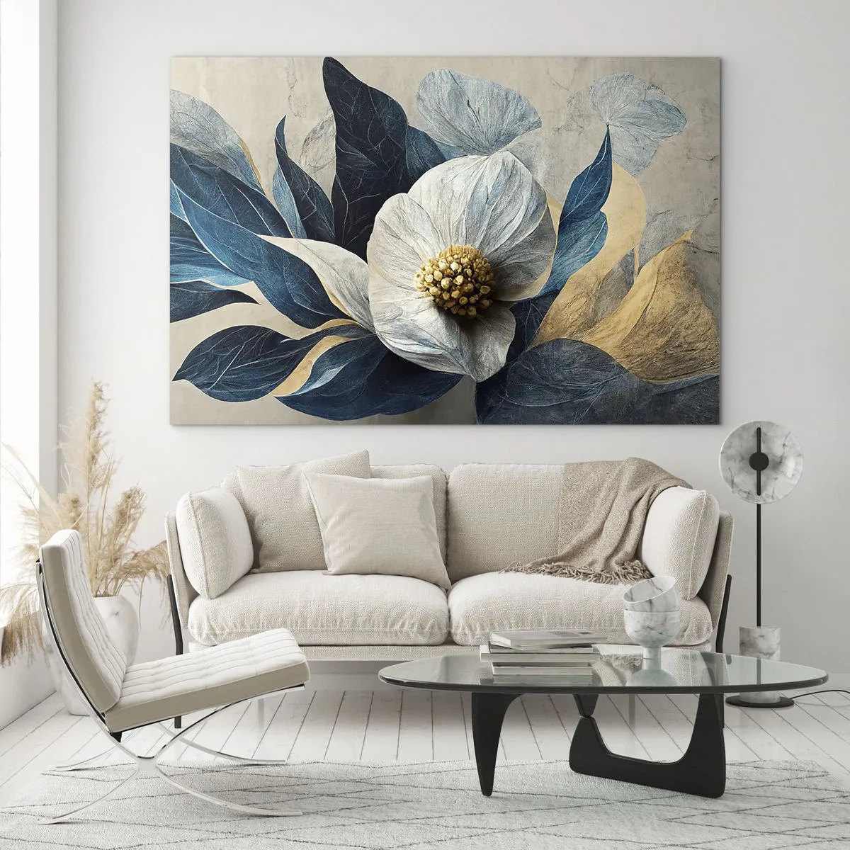 Quadro em vidro - Um arranjo floral branco com folhas azul-marinho e um centro dourado - 70x50cm - Tem um coração de ouro - Decoração de parede moderna para a sala de estar e quarto ARTTOR