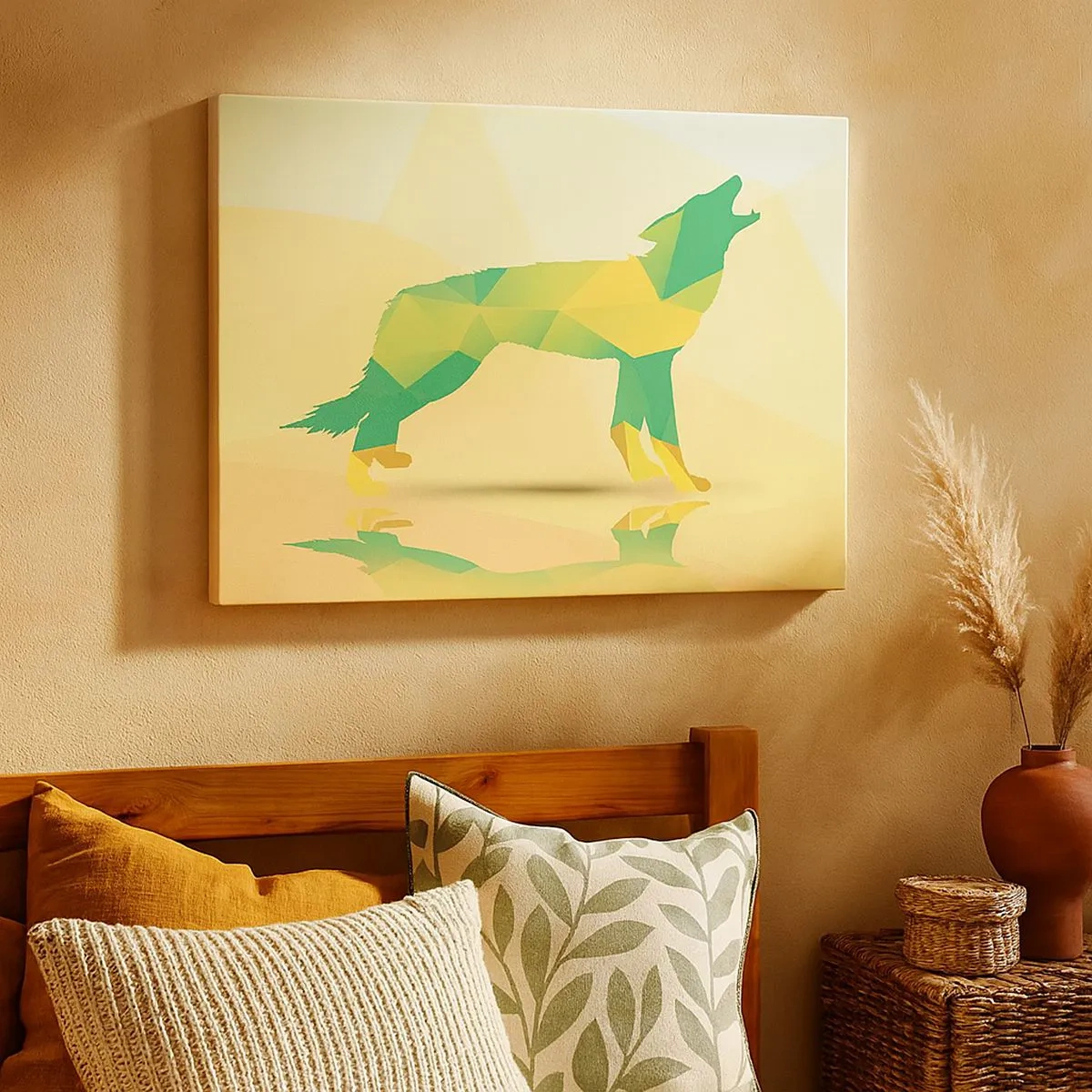 Quadro em tela - Silhueta geométrica de lobo em tons de verde e amarelo - 70x50cm - Lobo solitário - Decoração de parede moderna para a sala de estar e quarto ARTTOR