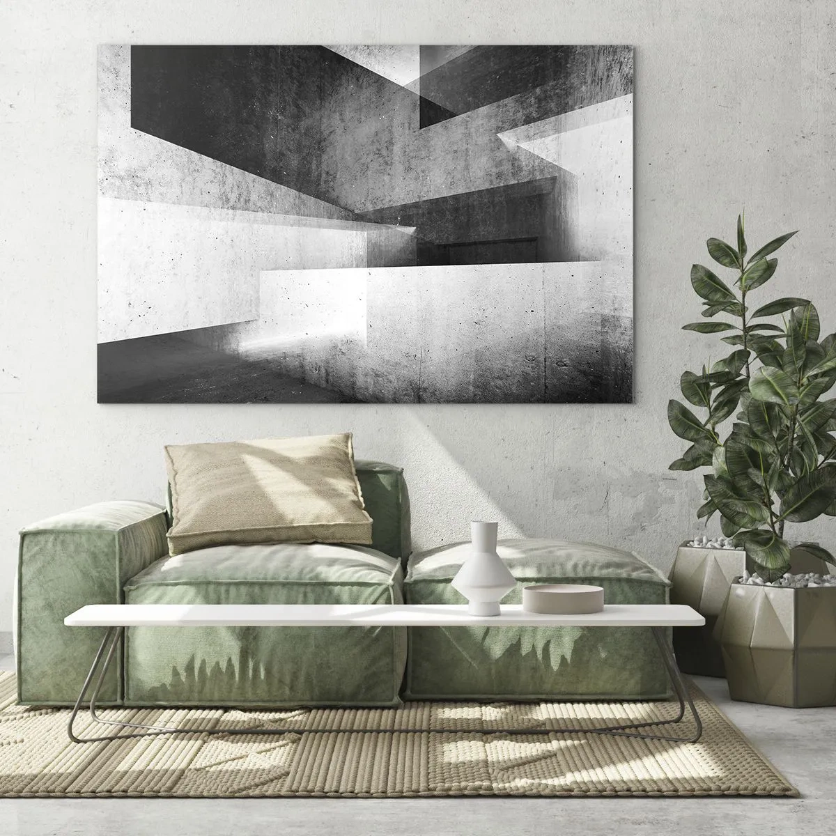 Quadro em vidro - Formas geométricas de concreto em tons de preto e branco - 70x50cm - Estrutura espacial - Decoração de parede moderna para a sala de estar e quarto ARTTOR