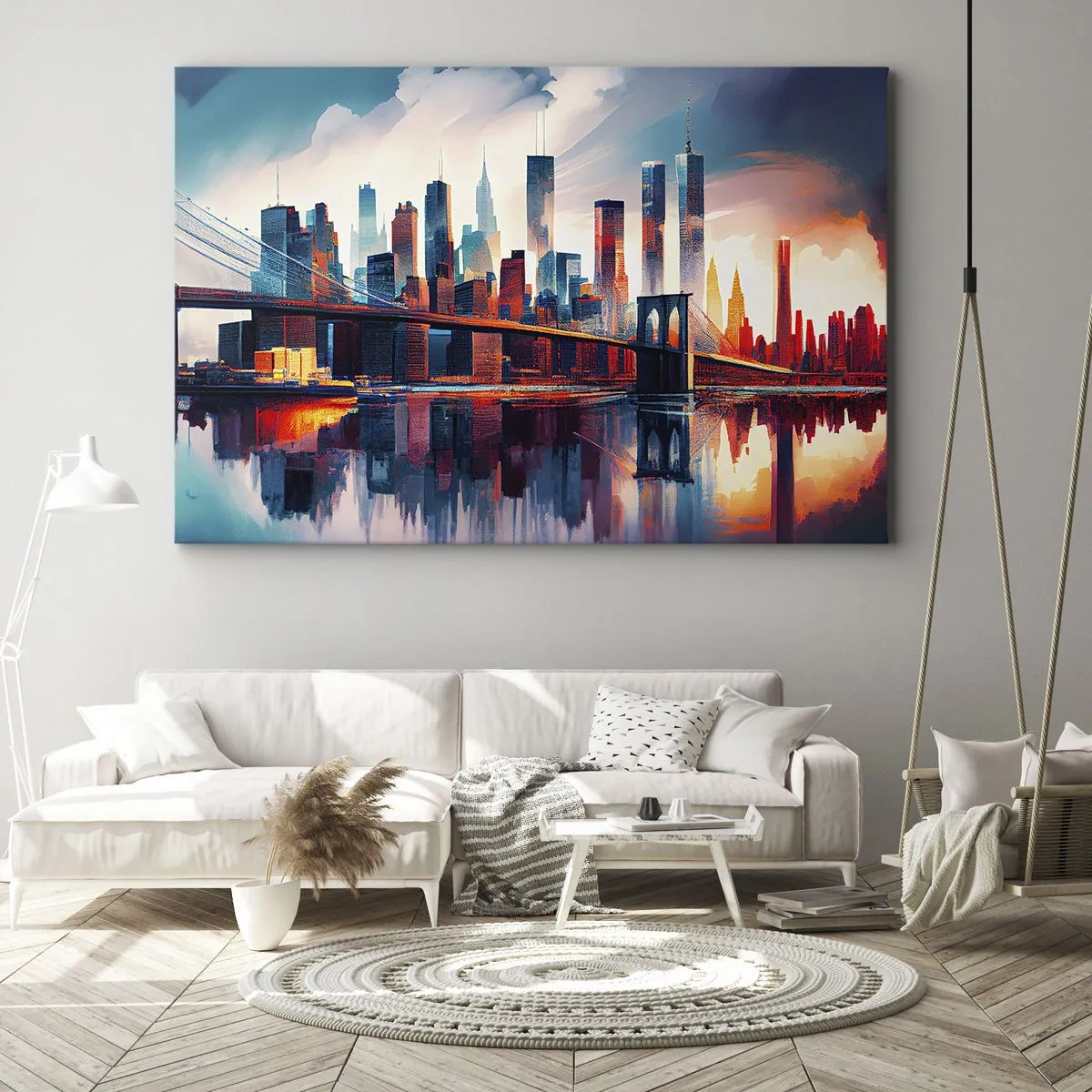 Quadro em tela - Panorama da cidade de Nova York com ponte e reflexo na água - 70x50cm - Nova York dos sonhos - Decoração de parede moderna para a sala de estar e quarto ARTTOR