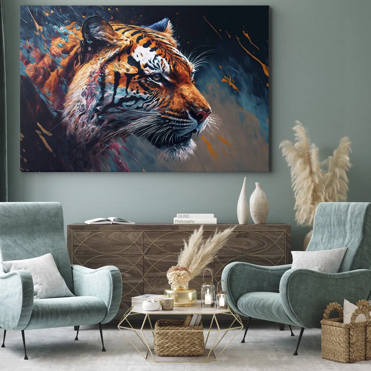 Quadro em tela - Retrato de um tigre em cores dinâmicas e abstratas - 70x50cm - Beleza selvagem - Decoração de parede moderna para a sala de estar e quarto ARTTOR