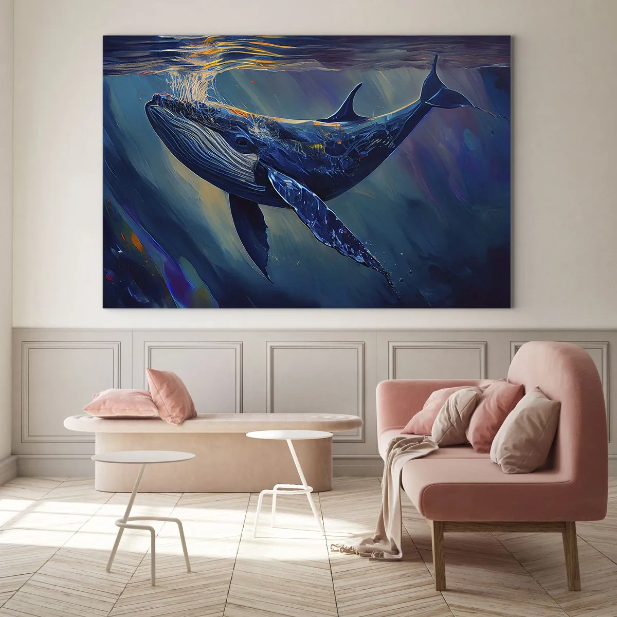 Quadro em vidro - Uma baleia flutuando sob a água sob a luz do sol - 70x50cm - Bem vindo ao meu mundo - Decoração de parede moderna para a sala de estar e quarto ARTTOR