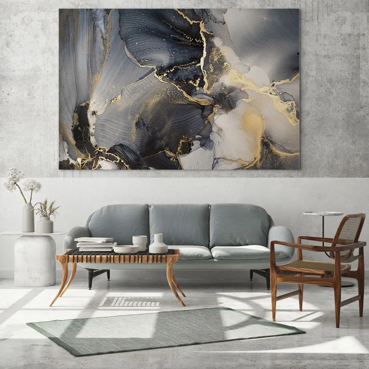 Quadro em vidro - Abstração escura com efeito mármore e veios dourados - 70x50cm - A vida da pedra - Decoração de parede moderna para a sala de estar e quarto ARTTOR