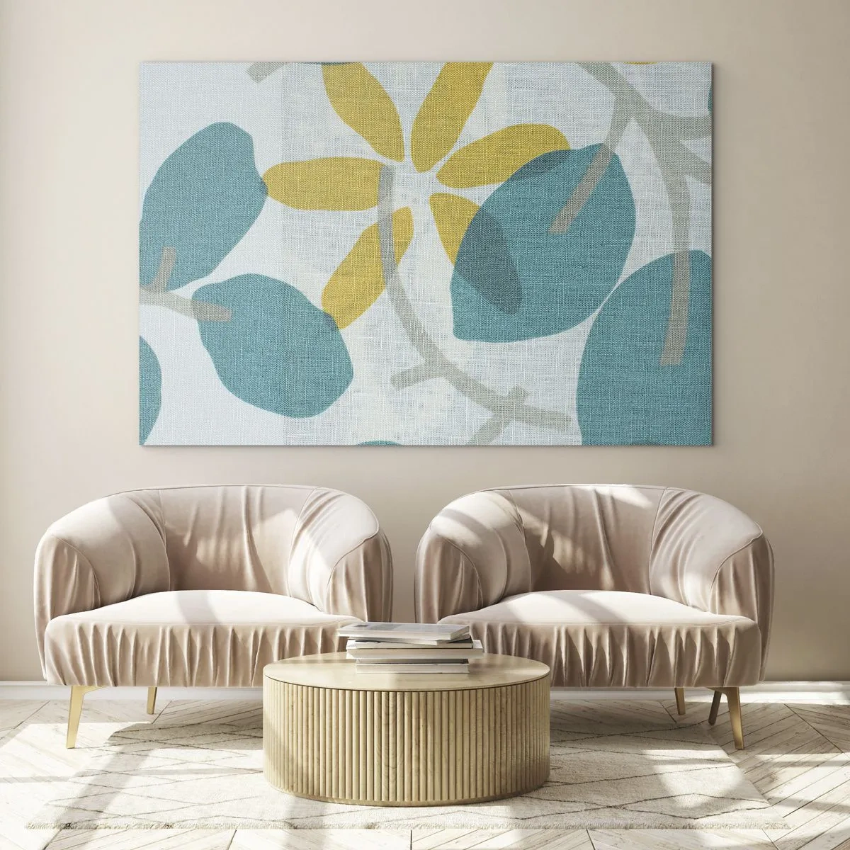 Quadro em vidro - Um gráfico de planta com folhas azuis e flores amarelas - 70x50cm - Entre as folhas azuis - Decoração de parede moderna para a sala de estar e quarto ARTTOR