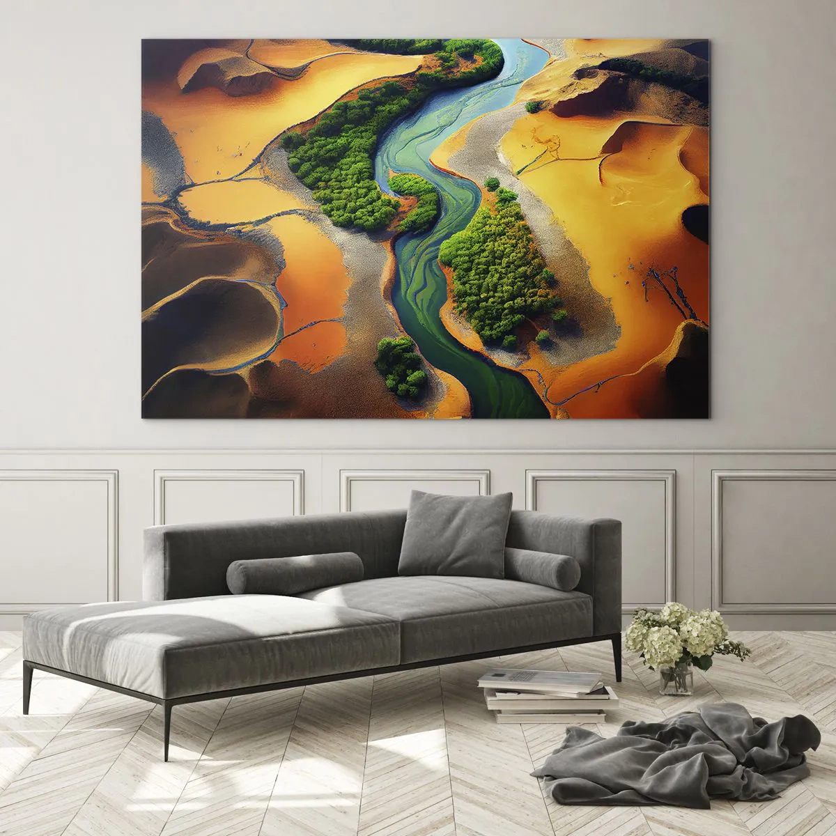 Quadro em vidro - Oásis verdes e um rio entre dunas alaranjadas - 70x50cm - Rio que dá vida - Decoração de parede moderna para a sala de estar e quarto ARTTOR