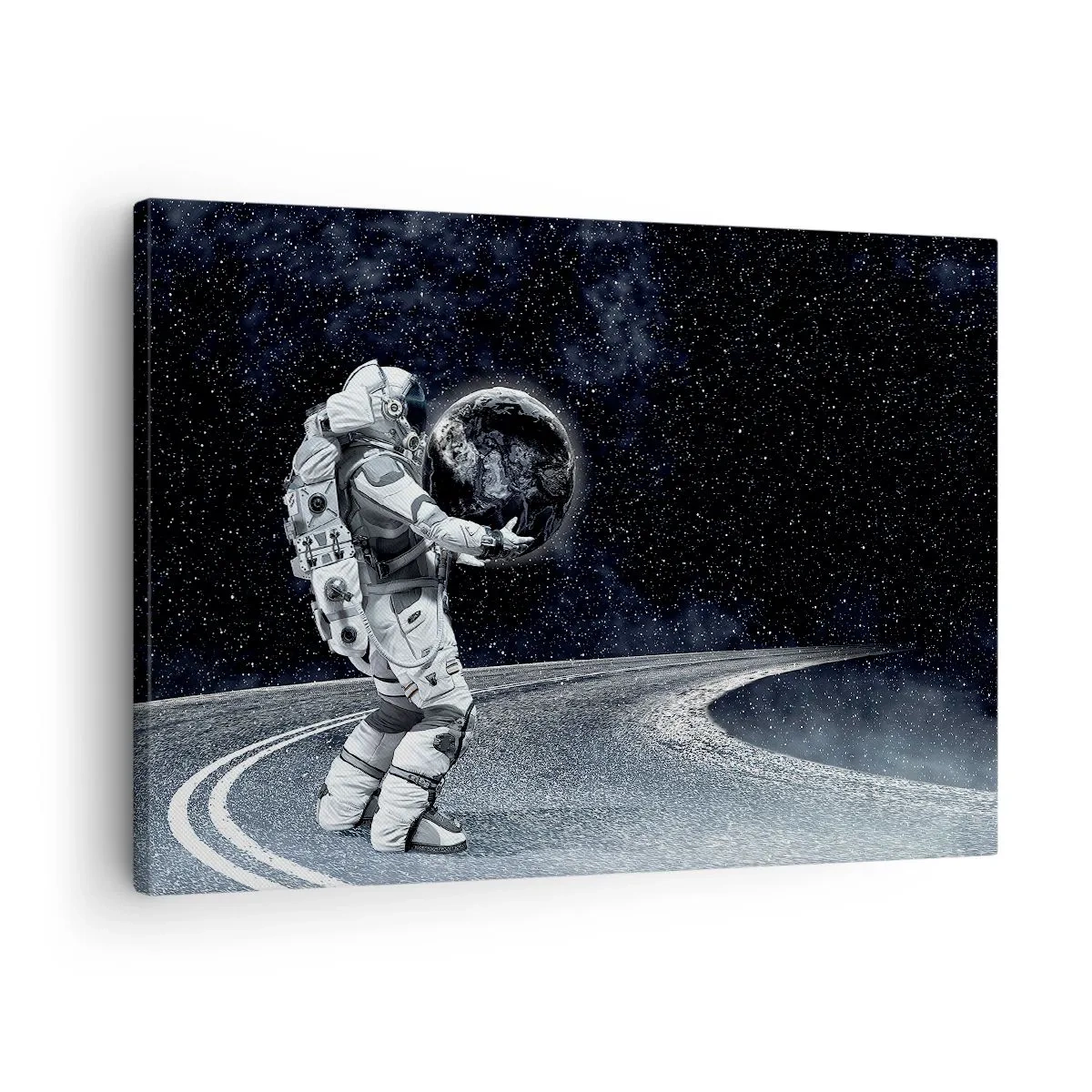 Quadro em tela - Astronauta com a Terra contra o céu estrelado - 70x50cm - Na Via Láctea - Decoração de parede moderna para a sala de estar e quarto ARTTOR