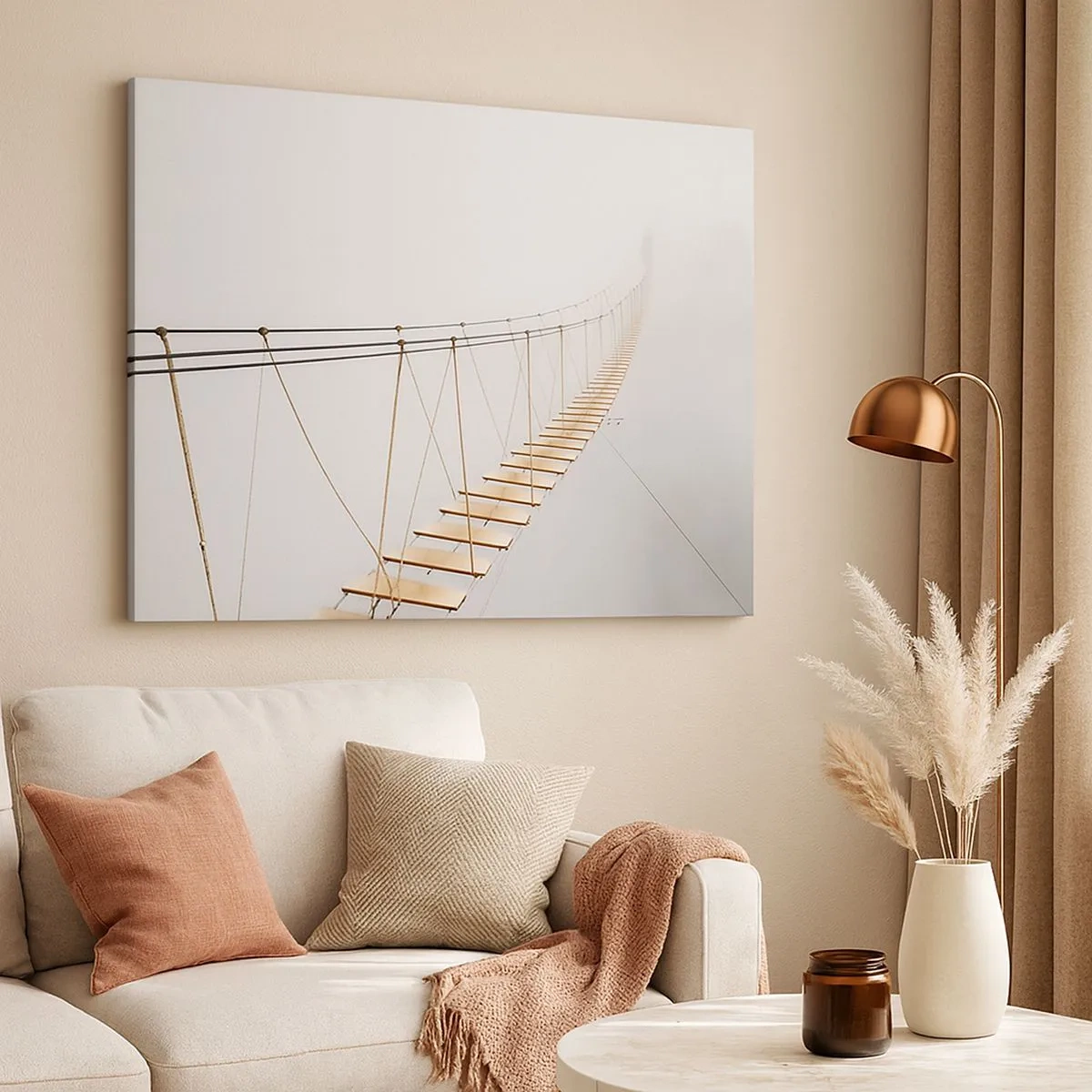 Quadro em tela - Uma ponte suspensa no nevoeiro de uma perspectiva minimalista - 70x50cm - Para onde levará? - Decoração de parede moderna para a sala de estar e quarto ARTTOR