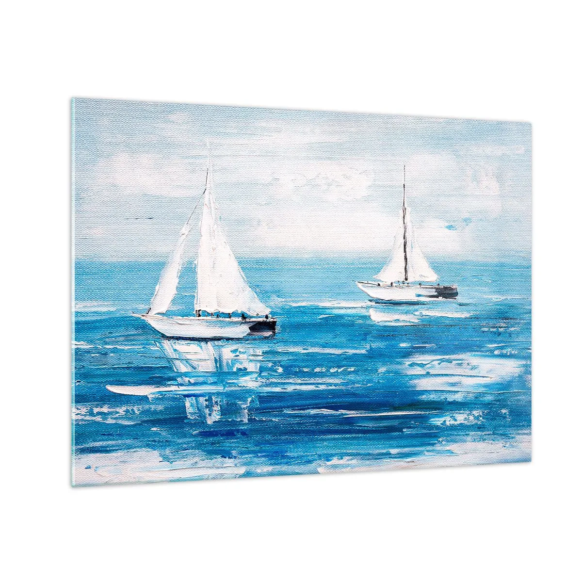 Quadro em vidro - Dois veleiros brancos em um mar azul calmo - 70x50cm - Com um amigo ao meu lado - Decoração de parede moderna para a sala de estar e quarto ARTTOR