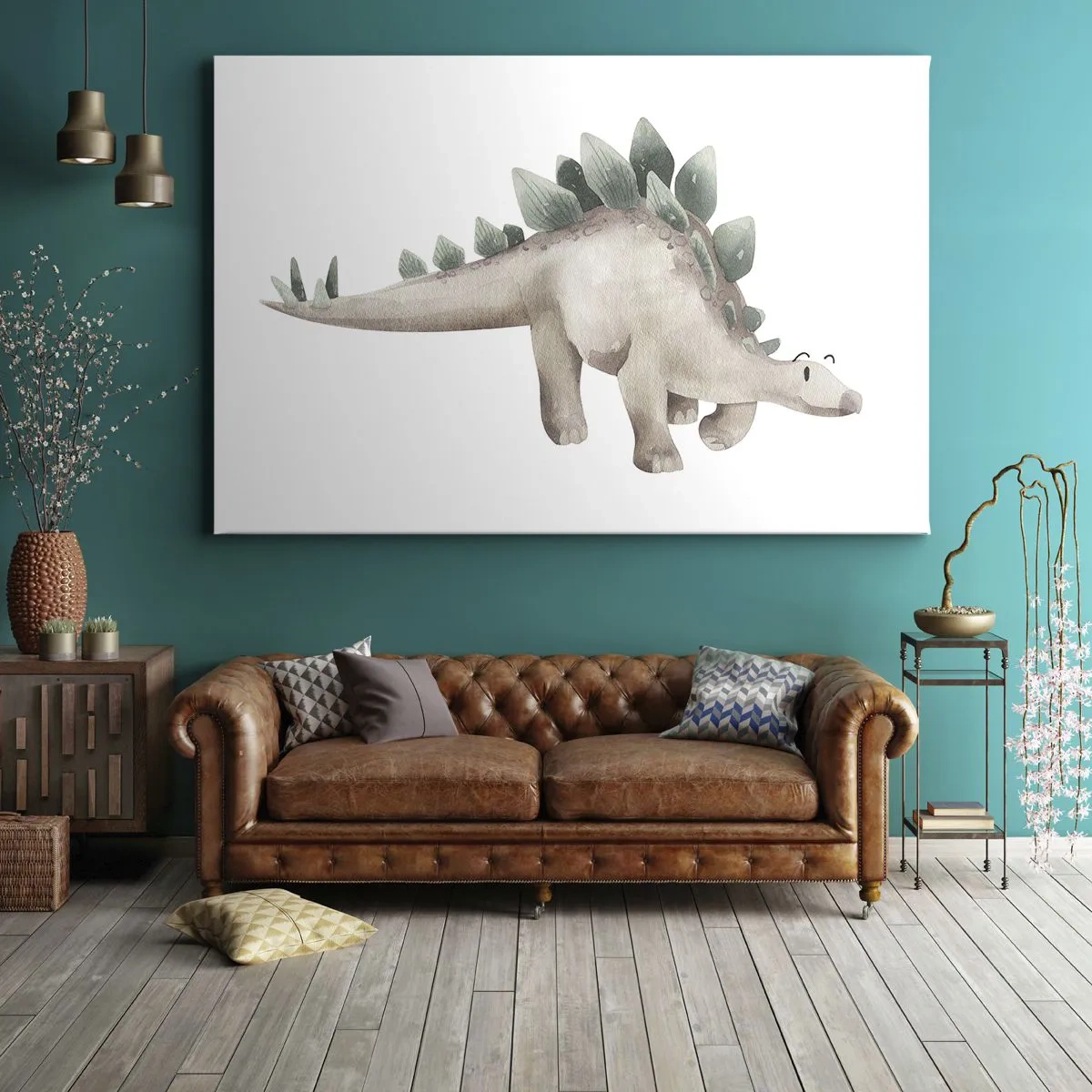 Quadro em tela - Um dinossauro fofo em cores pastel - 70x50cm - Seu amigo - Decoração de parede moderna para a sala de estar e quarto ARTTOR