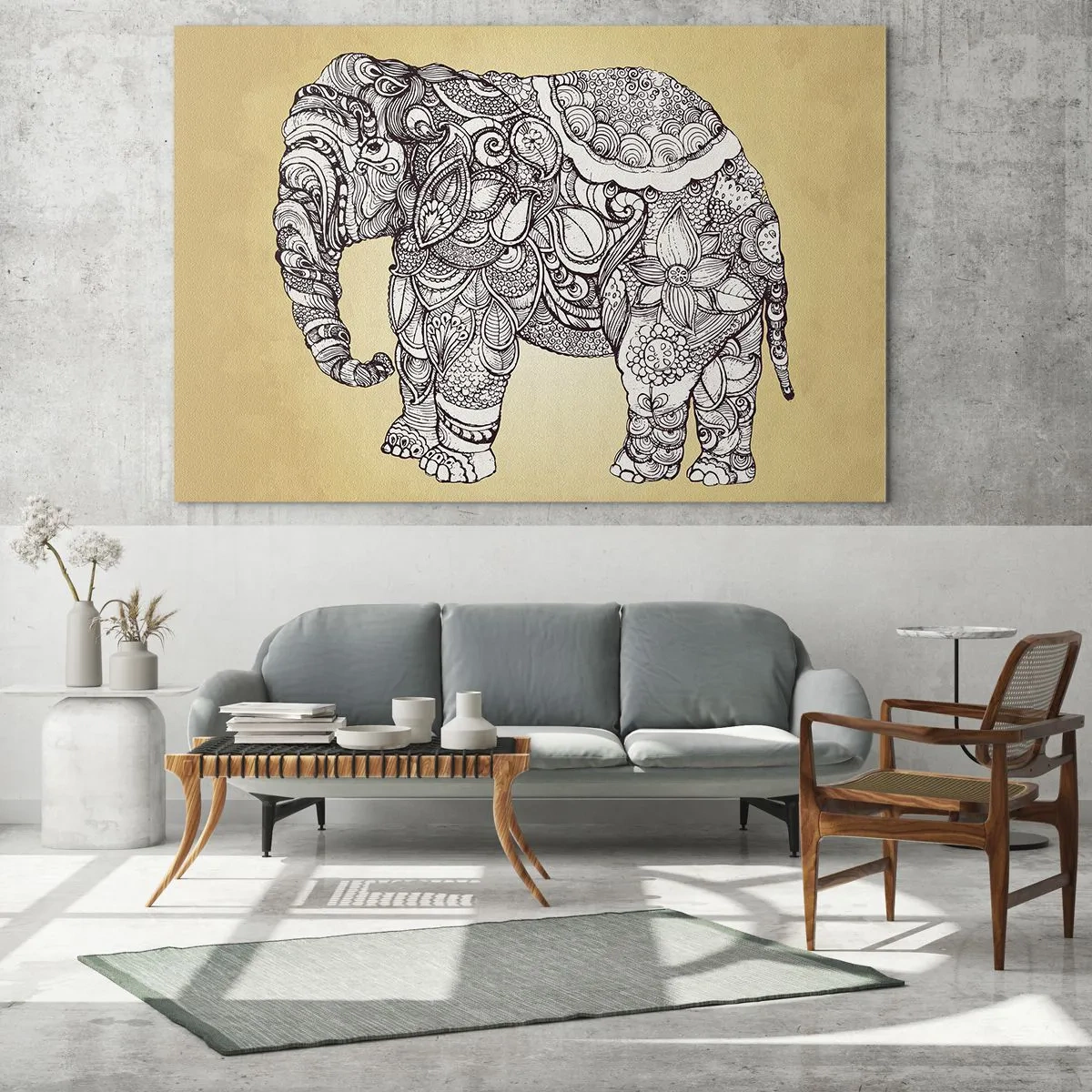 Quadro em vidro - Elefante preto e branco com padrões orientais sobre fundo bege - 70x50cm - O elefante se cobriu - Decoração de parede moderna para a sala de estar e quarto ARTTOR