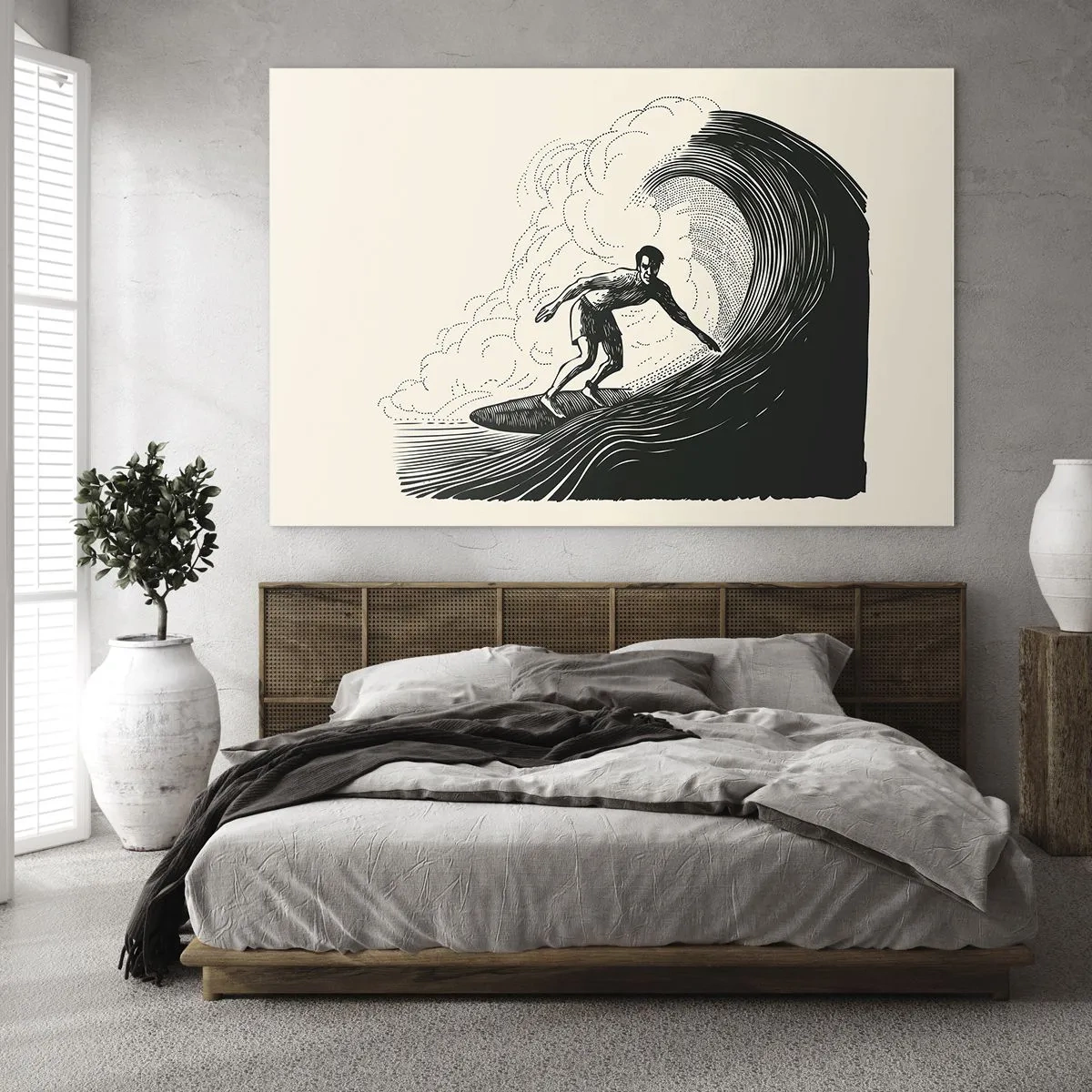 Quadro em vidro - Surfista surfando uma onda alta em um estilo de desenho retrô - 70x50cm - Rei da onda - Decoração de parede moderna para a sala de estar e quarto ARTTOR