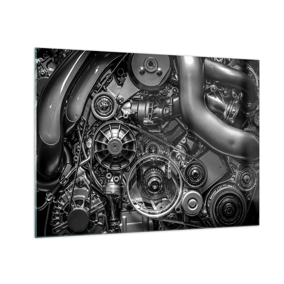 Quadro em vidro - Detalhe de um motor preto e branco com mecanismos visíveis - 70x50cm - A poesia da mecánica - Decoração de parede moderna para a sala de estar e quarto ARTTOR
