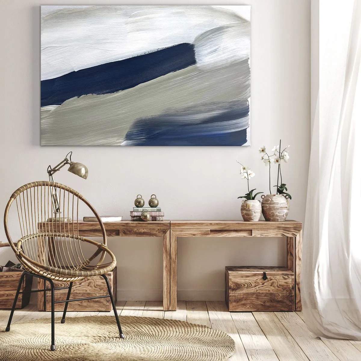 Quadro em tela - Pinceladas abstratas em tons de azul e cinza - 70x50cm - Encontro com a brancura - Decoração de parede moderna para a sala de estar e quarto ARTTOR