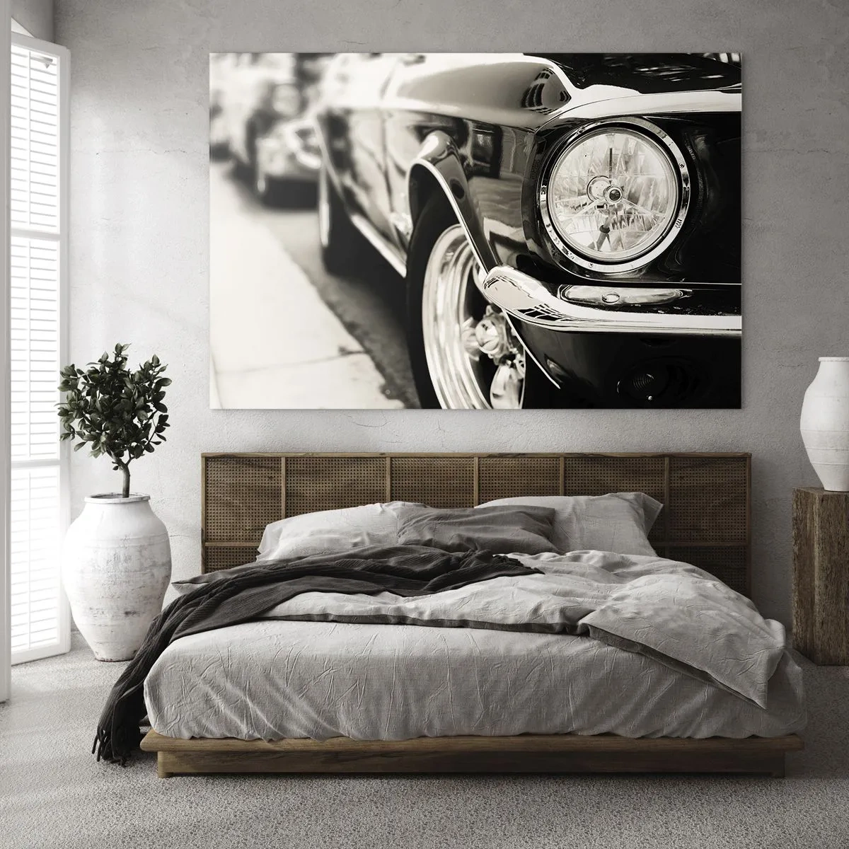 Quadro em vidro - Close-up da frente de um carro clássico em sépia - 70x50cm - Brilho permanente - Decoração de parede moderna para a sala de estar e quarto ARTTOR