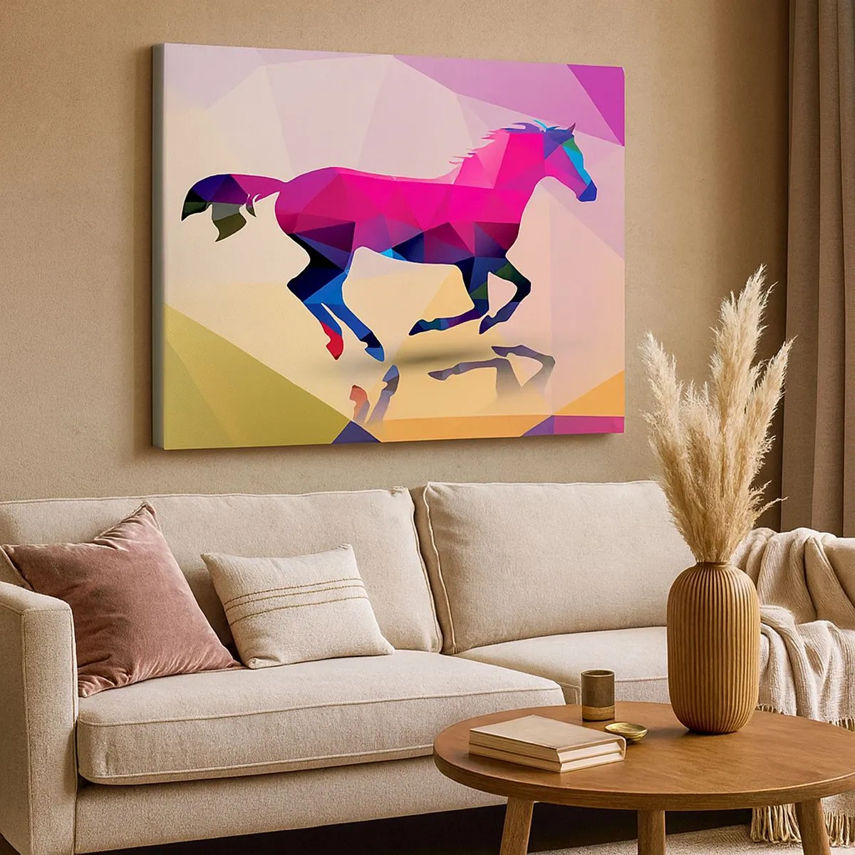 Quadro em tela - Silhueta geométrica de um cavalo a galope em cores vibrantes - 70x50cm - O cubismo ainda vive - Decoração de parede moderna para a sala de estar e quarto ARTTOR