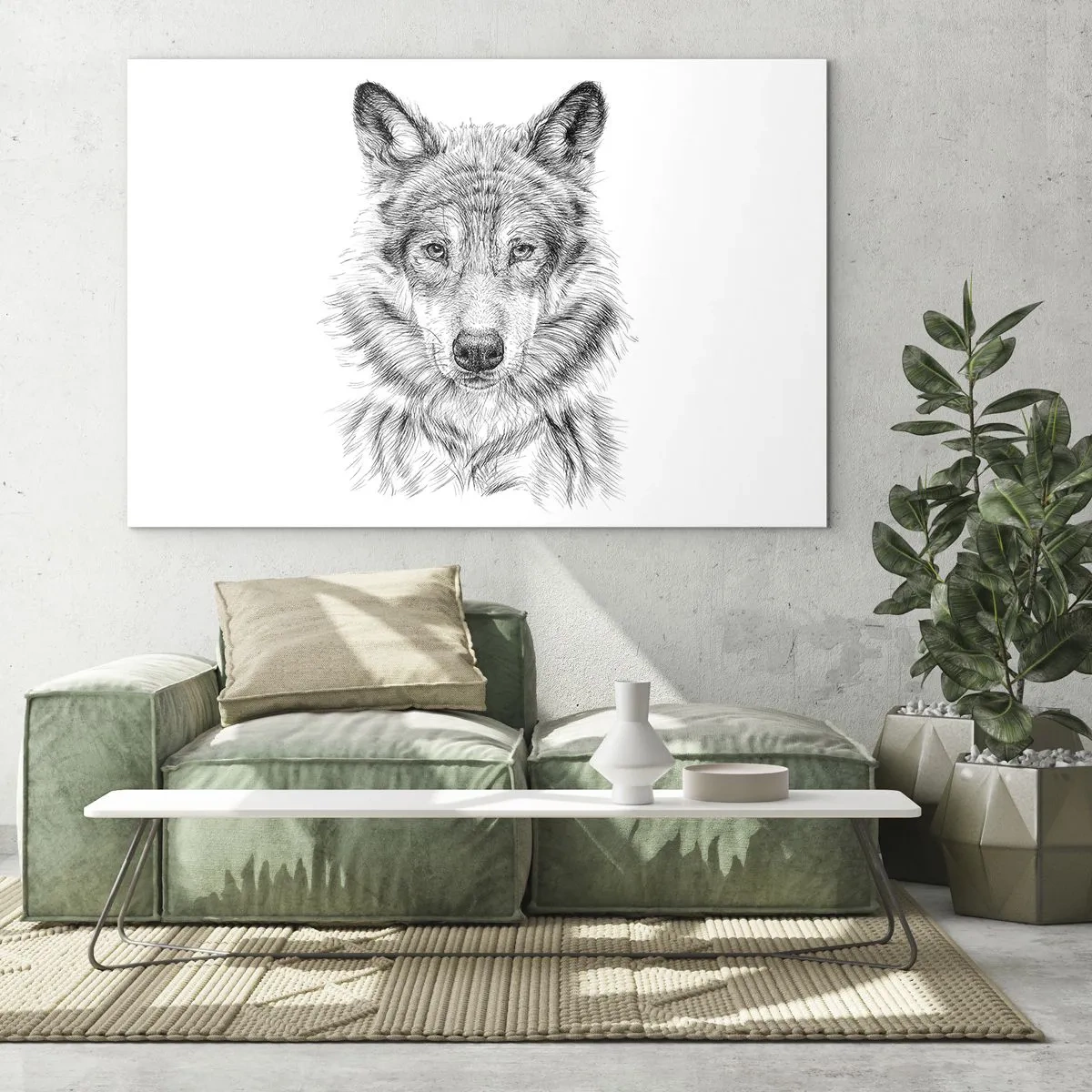 Quadro em vidro - Esboço em preto e branco de uma cabeça de lobo em um fundo branco - 70x50cm - Um líder nato - Decoração de parede moderna para a sala de estar e quarto ARTTOR