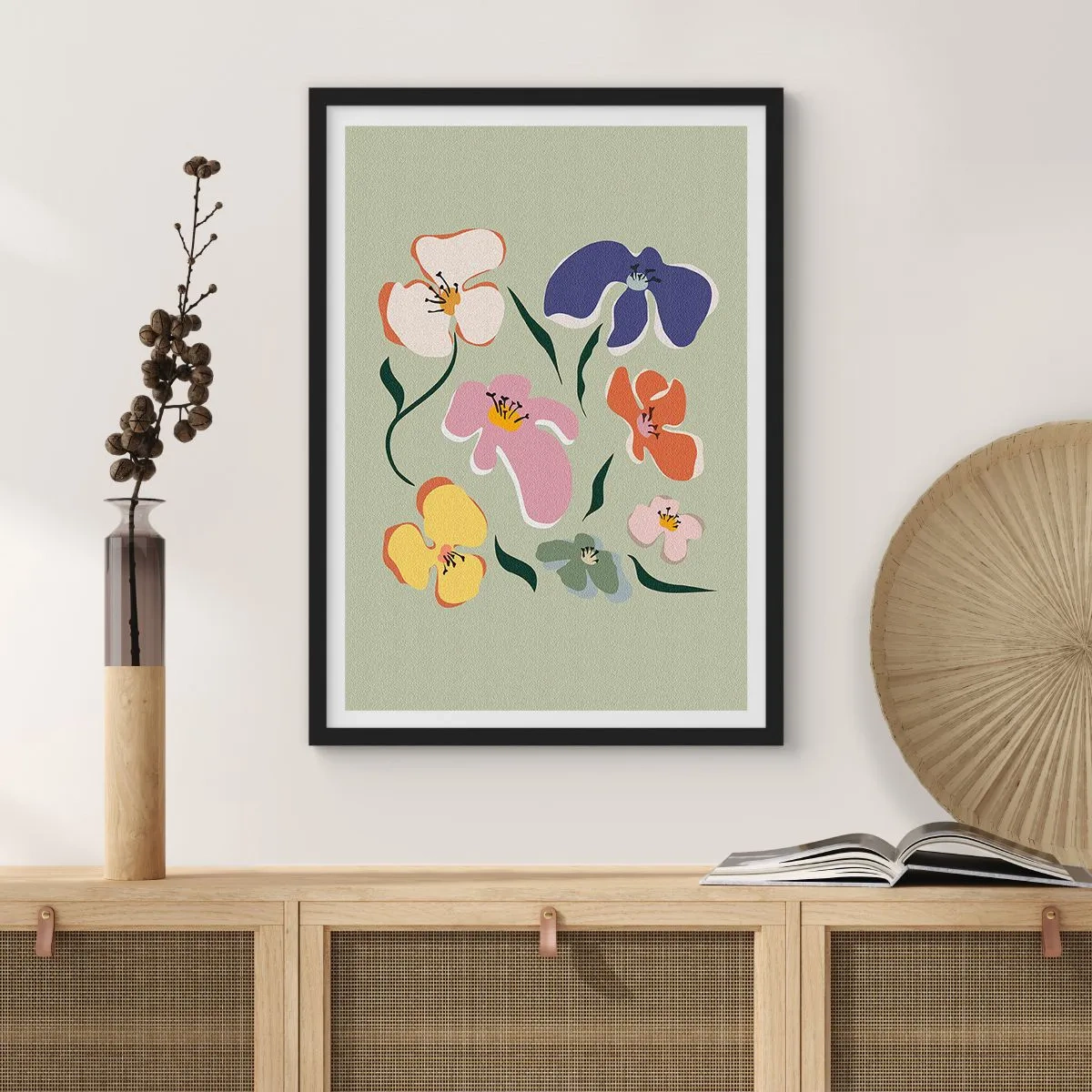 Pôster com moldura preta - Flores coloridas sobre fundo verde em estilo artístico - 50x70cm - Amores-perfeitos para seu irmão - Decoração de parede moderna para a sala de estar e quarto ARTTOR