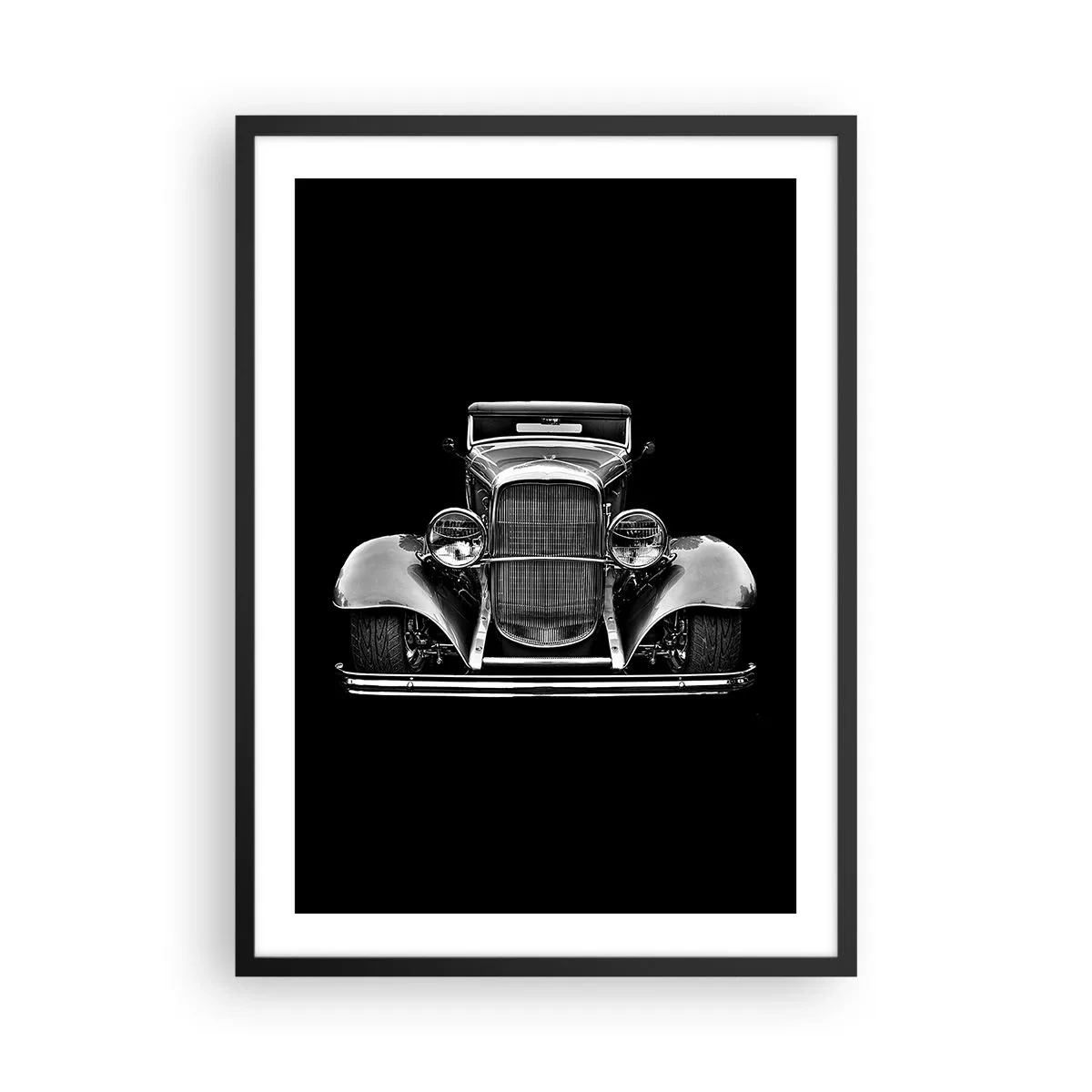 Pôster com moldura preta - Fotografia em preto e branco de um carro clássico sobre fundo preto - 50x70cm - Um verdadeiro general - Decoração de parede moderna para a sala de estar e quarto ARTTOR