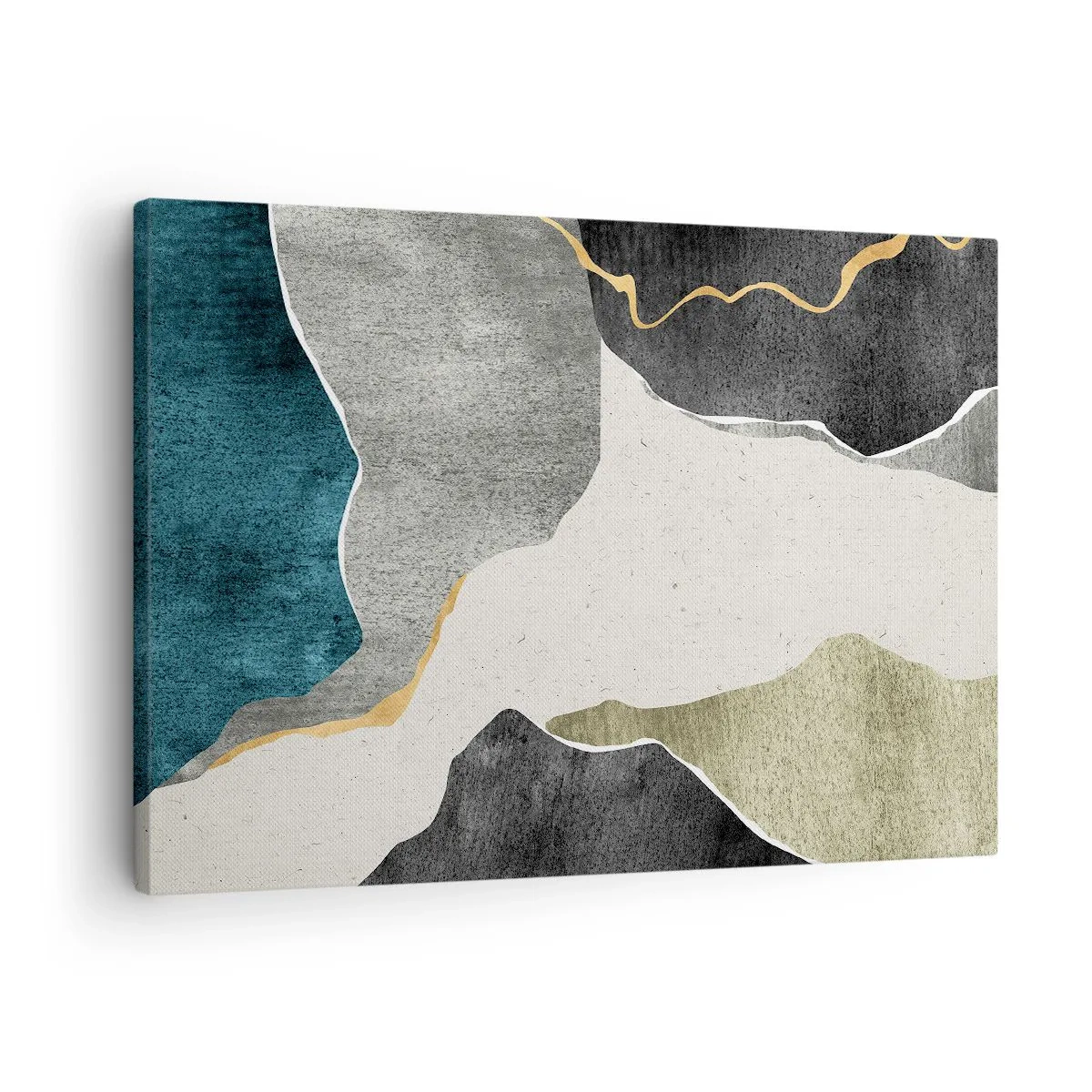 Quadro em tela - Formas geométricas em tons de cinza, verde e dourado - 70x50cm - Composição de mosaico com fio de ouro - Decoração de parede moderna para a sala de estar e quarto ARTTOR