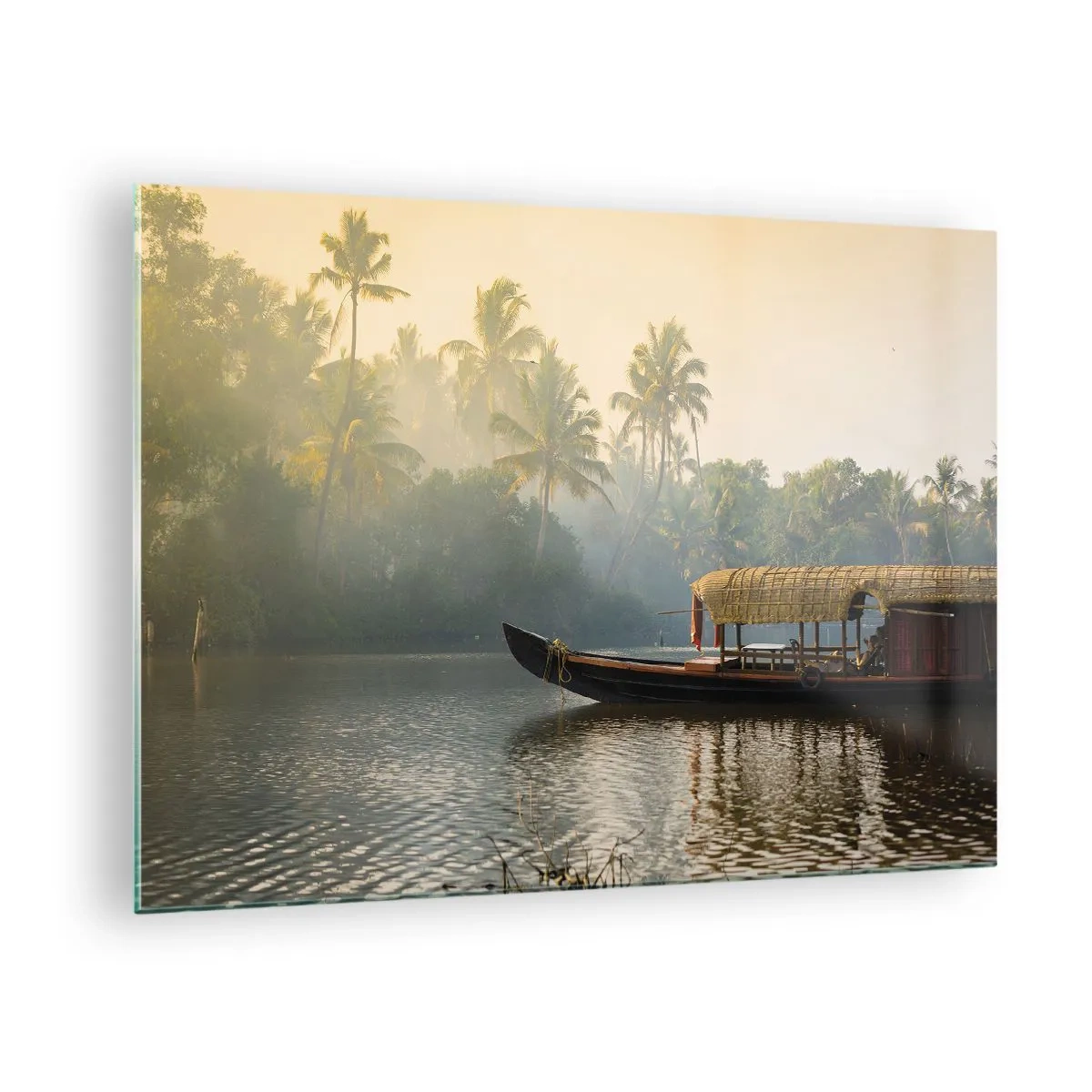 Quadro em vidro - Um barco em um rio calmo cercado por palmeiras pela manhã - 70x50cm - Casa no rio - Decoração de parede moderna para a sala de estar e quarto ARTTOR