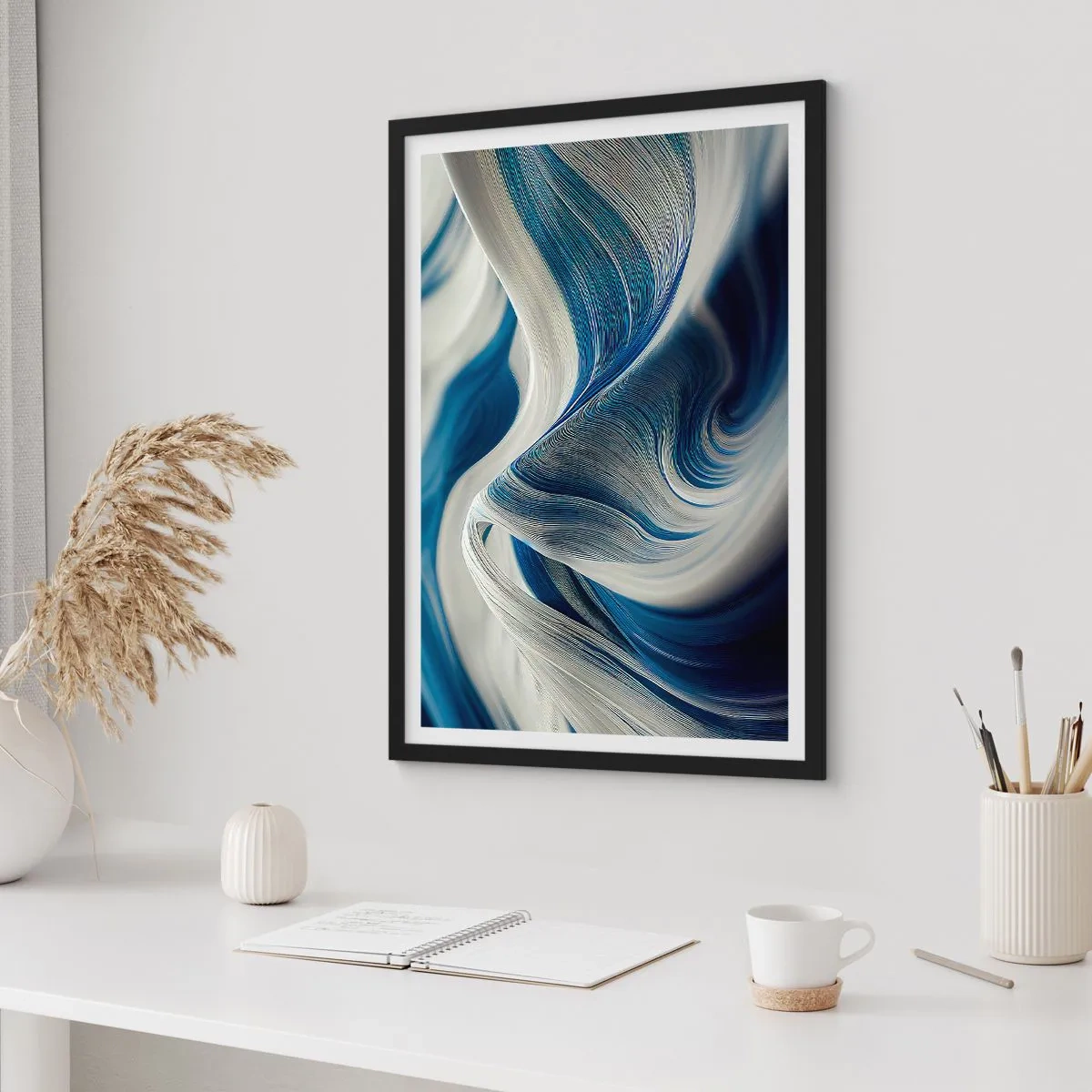 Pôster com moldura preta - Ondas abstratas em tons de azul marinho e branco - 50x70cm - A fluidez do azul e do branco - Decoração de parede moderna para a sala de estar e quarto ARTTOR