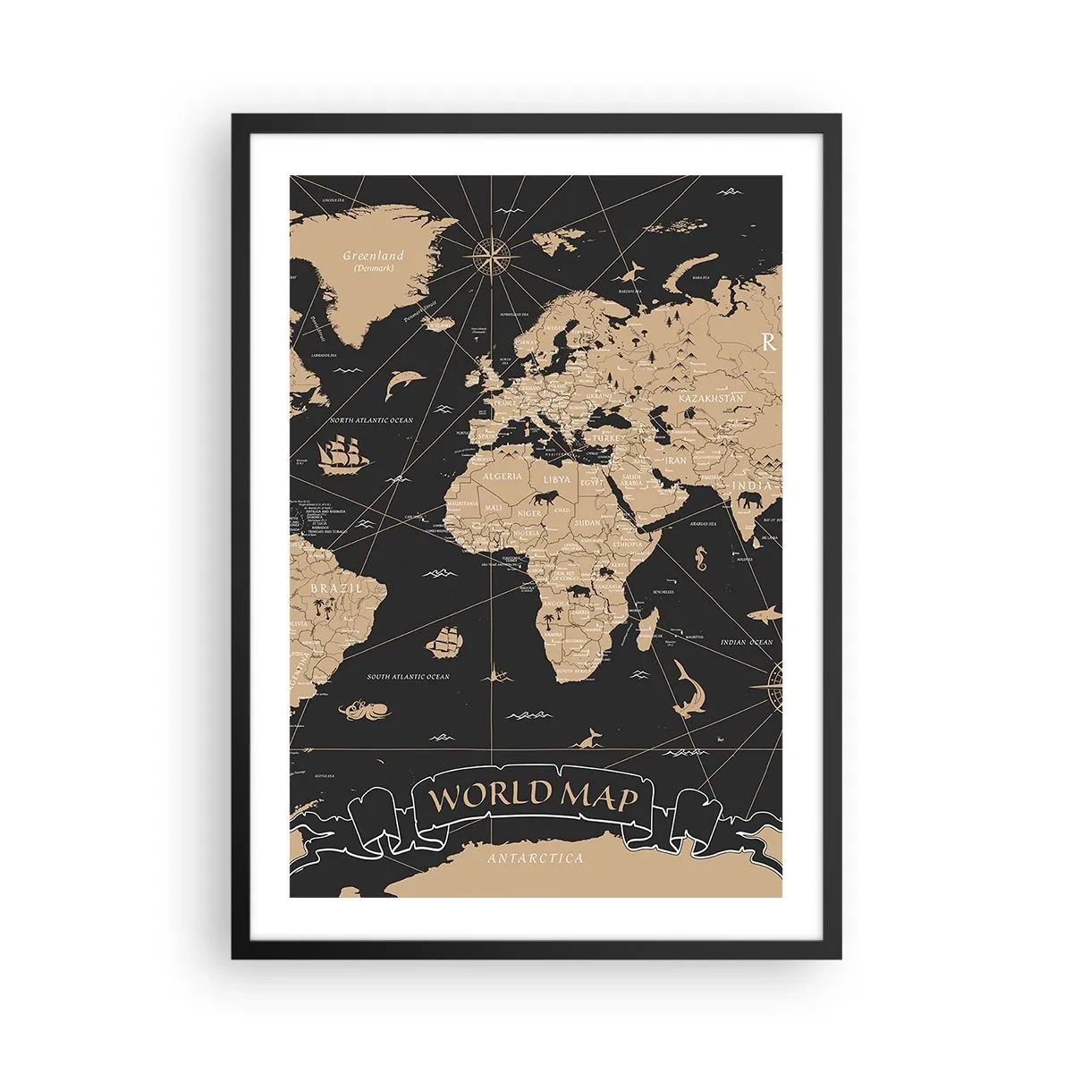 Pôster com moldura preta - Mapa-múndi estilizado em cores vintage - 50x70cm - Os limites do meu mundo - Decoração de parede moderna para a sala de estar e quarto ARTTOR