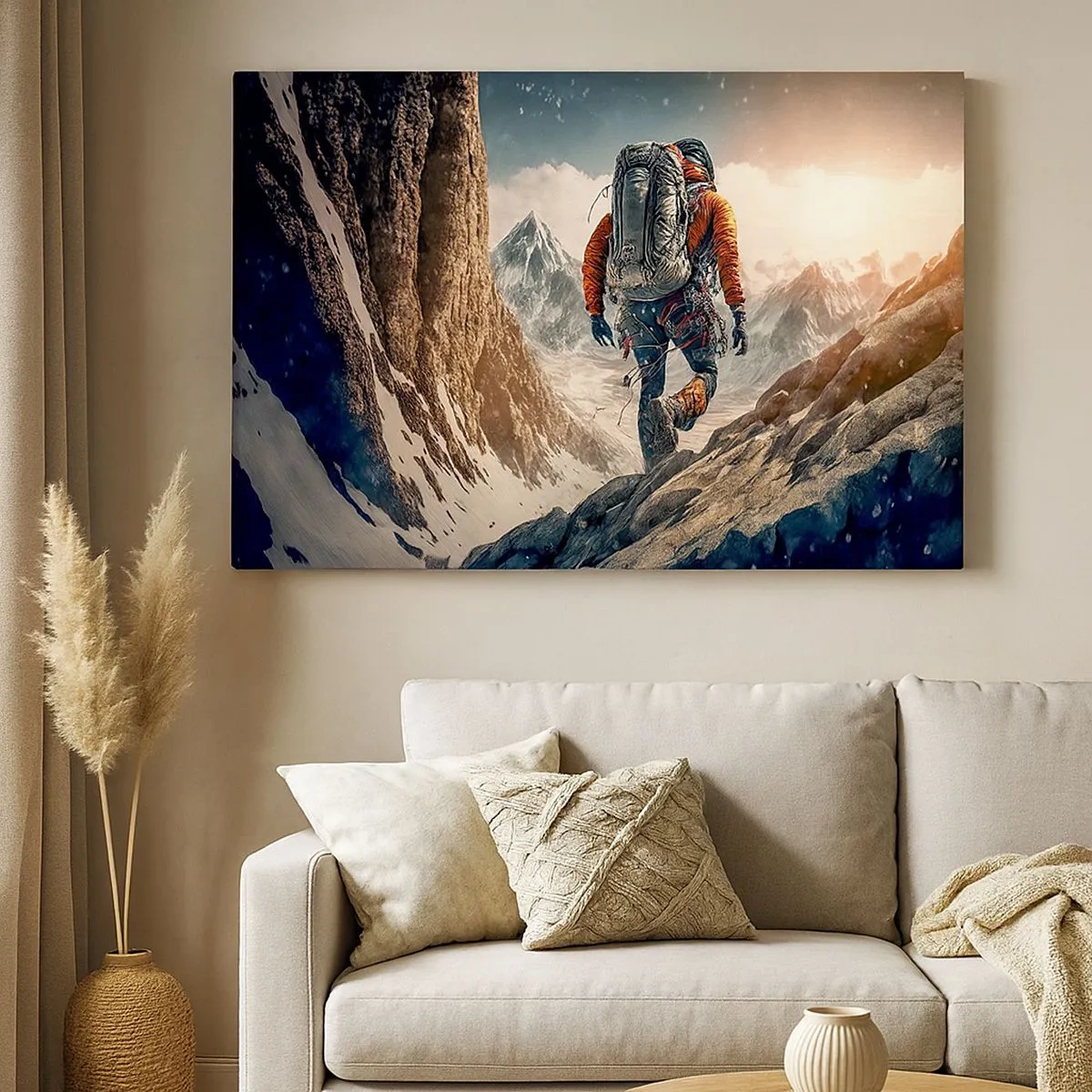 Quadro em tela - Um alpinista em uma trilha de montanha em uma paisagem de inverno - 70x50cm - Guerreiro solitário - Decoração de parede moderna para a sala de estar e quarto ARTTOR