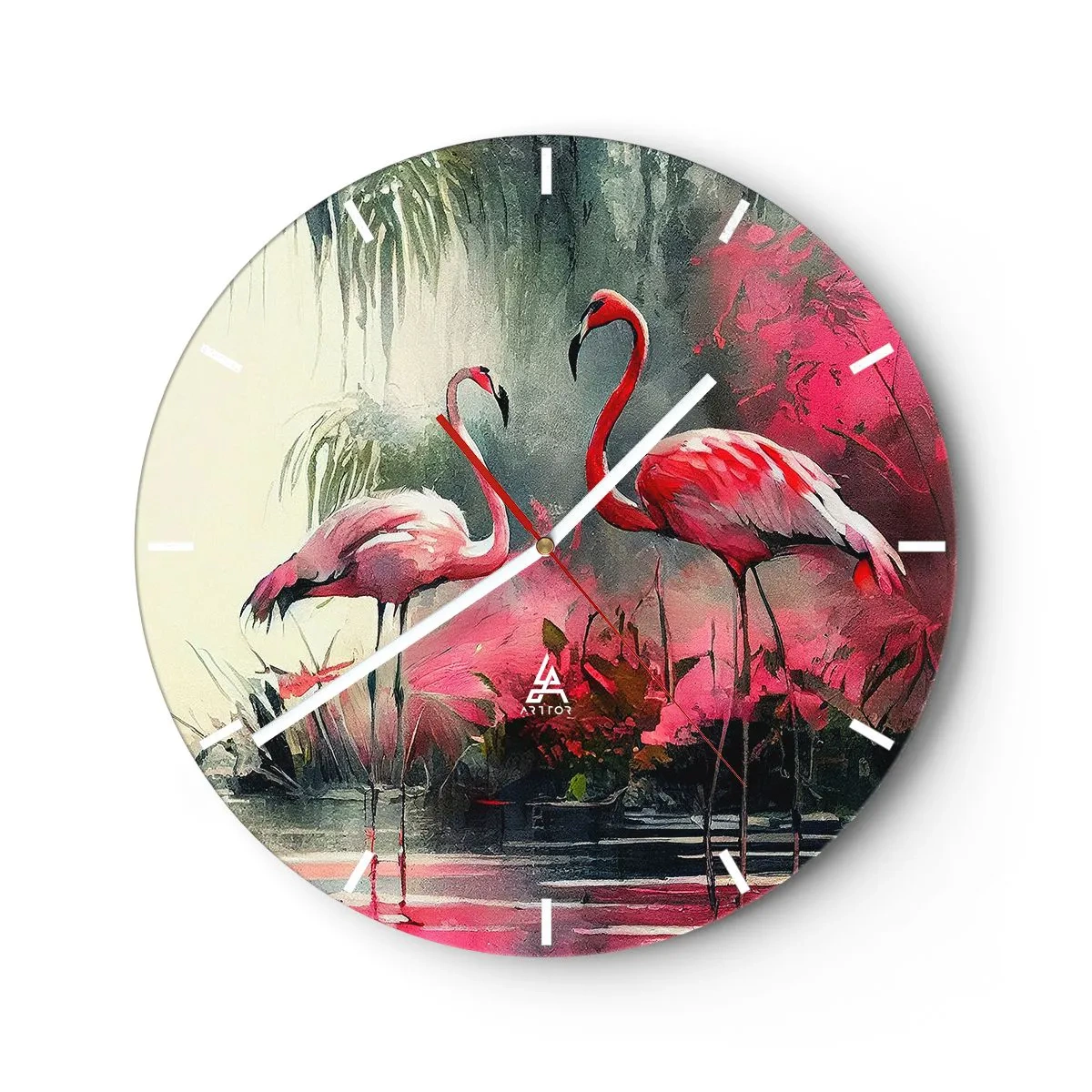 Relógio de parede - Relógio em vidro - Dois flamingos em um cenário exótico e rosa - 30x30cm - Uma lição de graça natural - Decoração de parede moderna para a sala de estar, cozinha e quarto ARTTOR