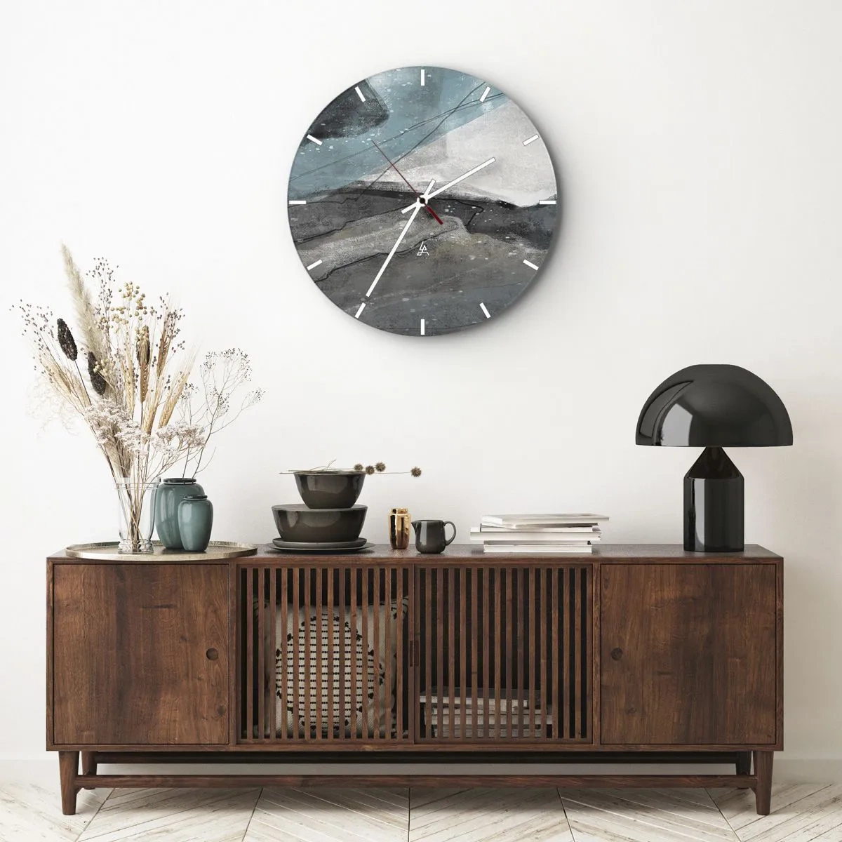 Relógio de parede - Relógio em vidro - Uma composição abstrata que lembra uma geleira e rochas. - 30x30cm - Resumo: rochas e gelo - Decoração de parede moderna para a sala de estar, cozinha e quarto ARTTOR