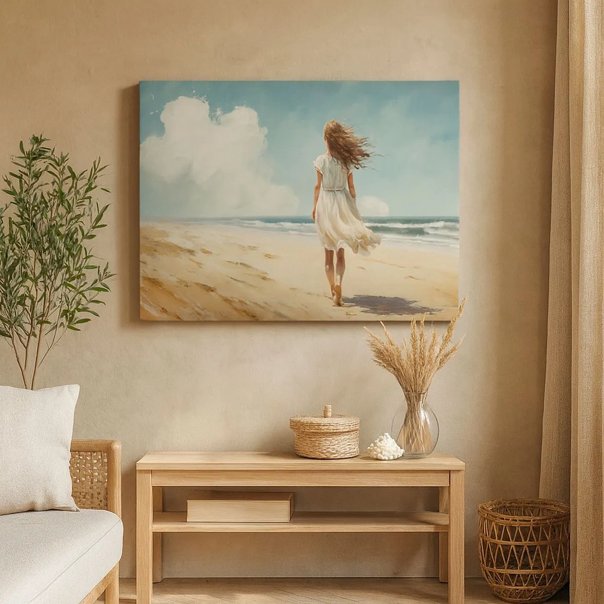 Quadro em tela - Uma mulher de vestido branco caminhando na praia em um dia ensolarado - 70x50cm - Para encontrar o sol e o vento - Decoração de parede moderna para a sala de estar e quarto ARTTOR