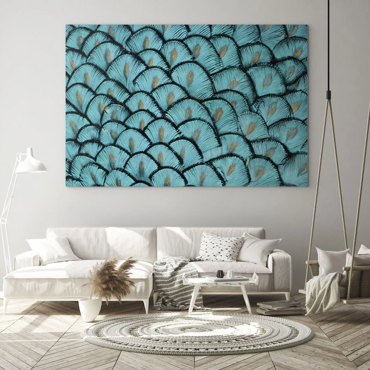 Quadro em vidro - Um close de penas de pavão turquesa formando um padrão decorativo. - 70x50cm - A grande gala de penas - Decoração de parede moderna para a sala de estar e quarto ARTTOR