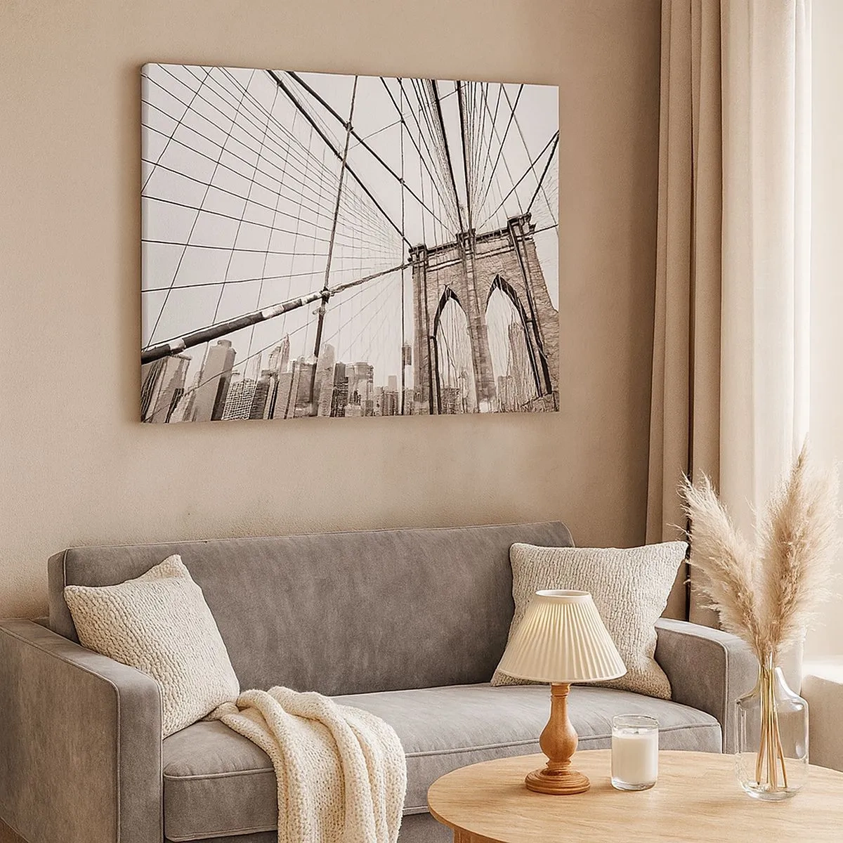 Quadro em tela - A Ponte do Brooklyn em monocromático - 70x50cm - Catedral de Nova York - Decoração de parede moderna para a sala de estar e quarto ARTTOR