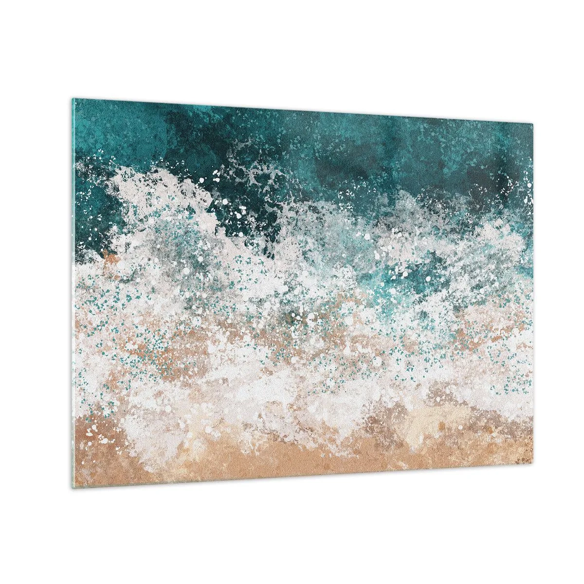 Quadro em vidro - Onda abstrata do mar em tons de turquesa, branco e bege areia - 70x50cm - Histórias do mar - Decoração de parede moderna para a sala de estar e quarto ARTTOR
