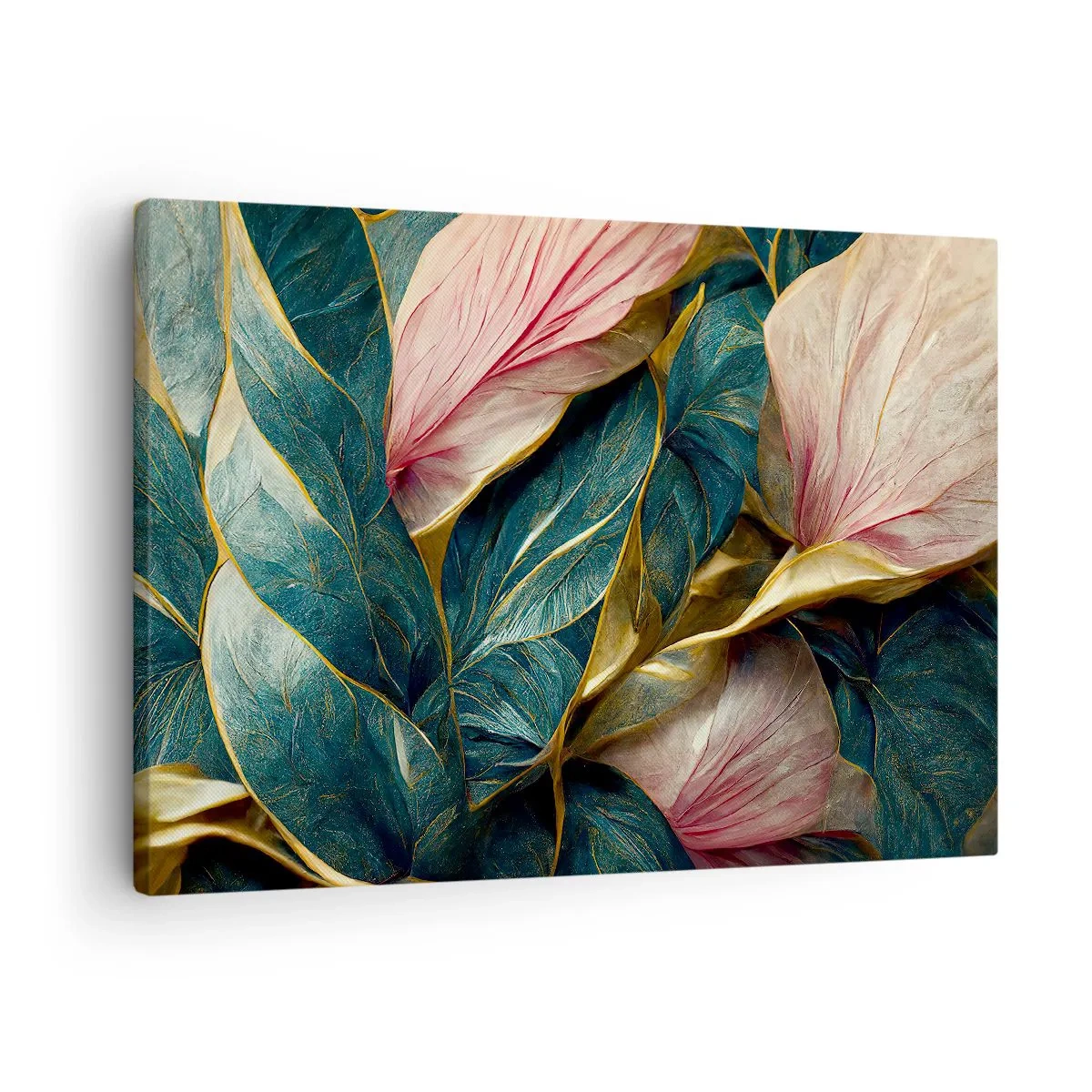 Quadro em tela - Folhas elegantes em verde, dourado e rosa - 70x50cm - Elegância e estilo naturais - Decoração de parede moderna para a sala de estar e quarto ARTTOR
