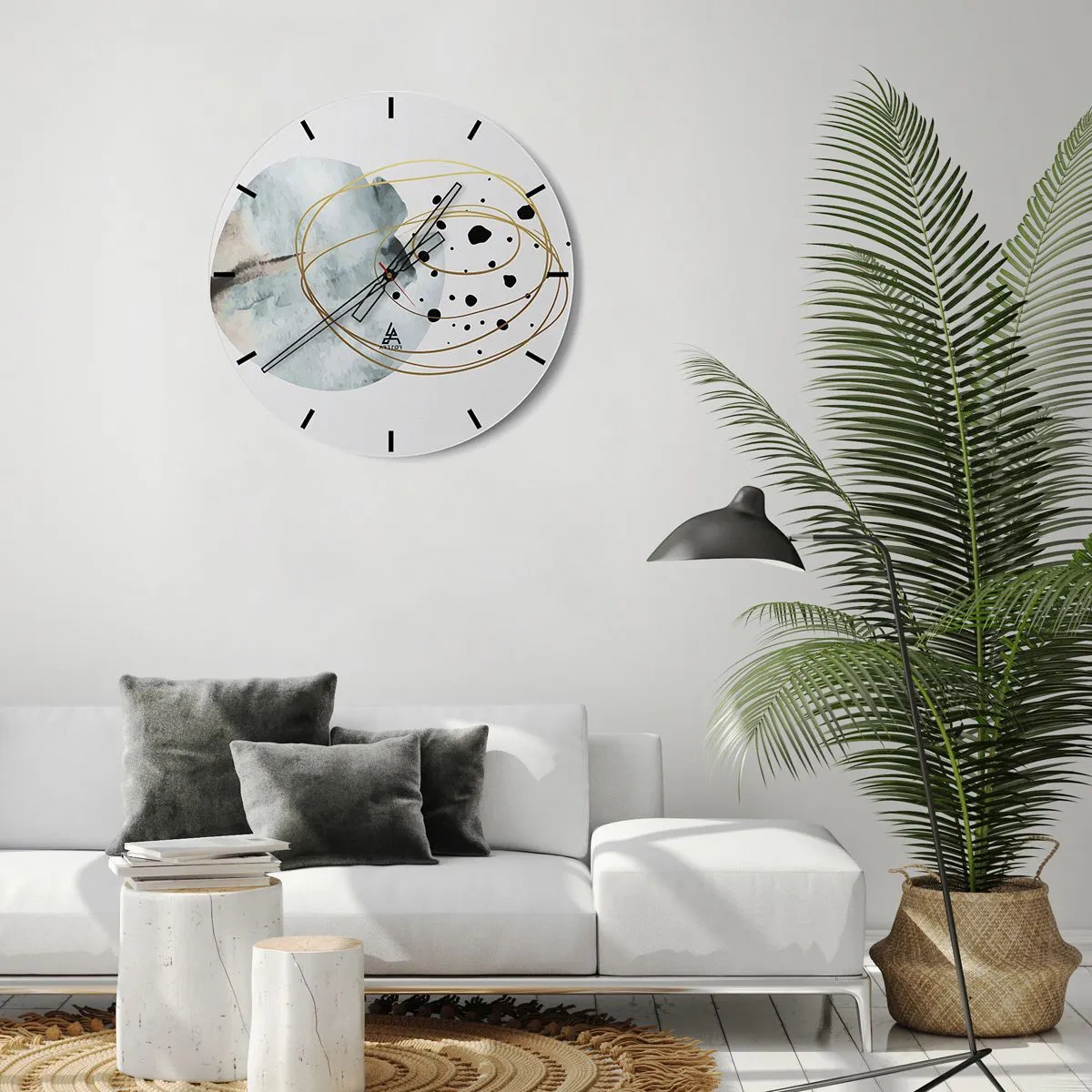 Relógio de parede - Relógio em vidro - Linhas douradas abstratas e pontos pretos em um fundo claro - 30x30cm - No abraço ao espaço - Decoração de parede moderna para a sala de estar, cozinha e quarto ARTTOR
