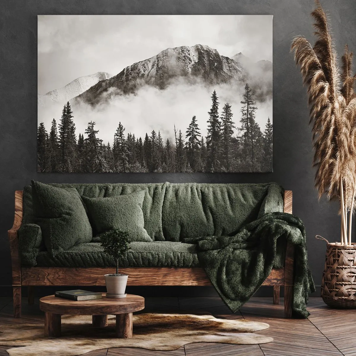 Quadro em tela - Um pico de montanha pitoresco cercado por neblina e uma floresta em tons de sépia - 70x50cm - O soberano de granito - Decoração de parede moderna para a sala de estar e quarto ARTTOR