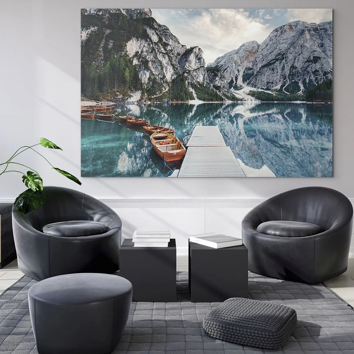Quadro em vidro - Uma ponte de madeira sobre um lago turquesa nas montanhas - 70x50cm - Vamos mostrar-lhe a beleza - Decoração de parede moderna para a sala de estar e quarto ARTTOR