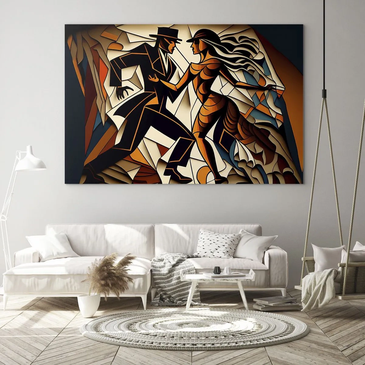 Quadro em vidro - Um casal estilizado dançando em uma forma abstrata dinâmica. - 70x50cm - Dança de paixão e paixão - Decoração de parede moderna para a sala de estar e quarto ARTTOR