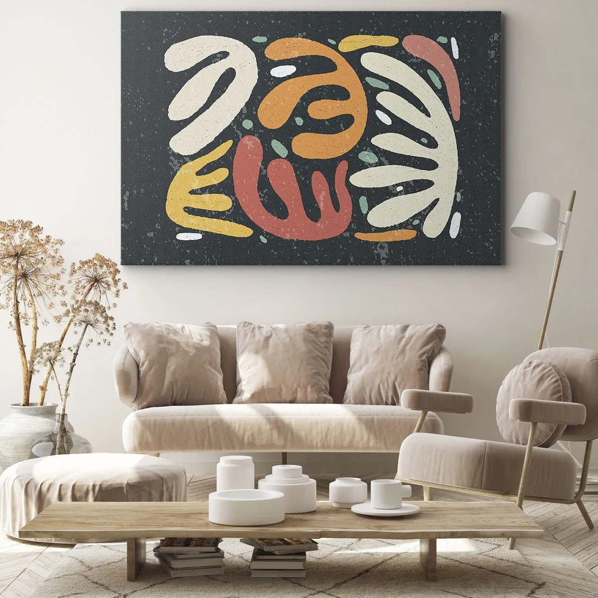 Quadro em tela - Formas abstratas em cores quentes sobre fundo escuro - 70x50cm - Composição – estou prestes a pegar-te - Decoração de parede moderna para a sala de estar e quarto ARTTOR