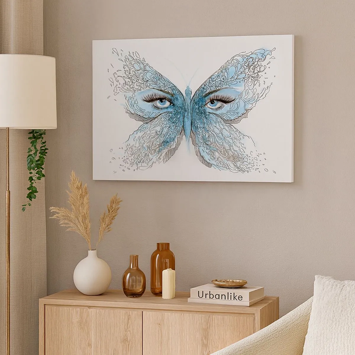 Quadro em tela - Aquarela artística de uma borboleta com olhos azuis - 70x50cm - Borboleta eros - Decoração de parede moderna para a sala de estar e quarto ARTTOR