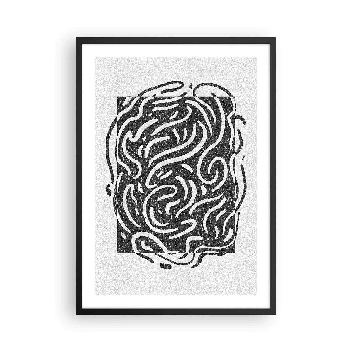 Pôster com moldura preta - Composição abstrata com linhas e formas dinâmicas em preto e branco. - 50x70cm - Resumo: dança da alegria - Decoração de parede moderna para a sala de estar e quarto ARTTOR