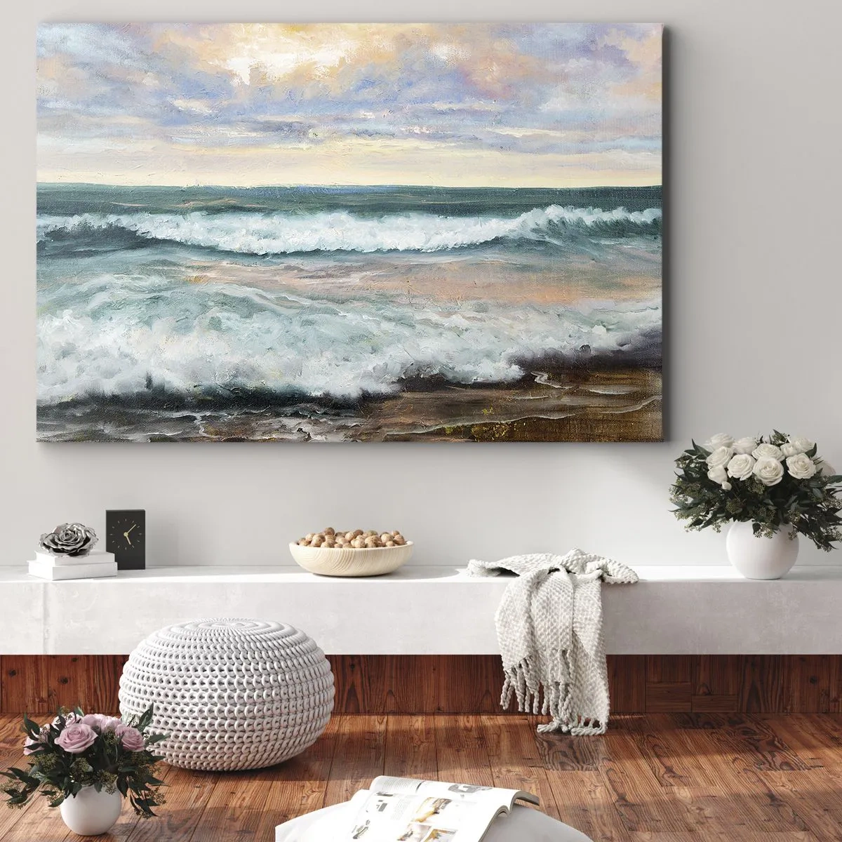 Quadro em tela - Ondas do mar contra um céu nublado ao pôr do sol - 70x50cm - Aqui suavizas a alma - Decoração de parede moderna para a sala de estar e quarto ARTTOR