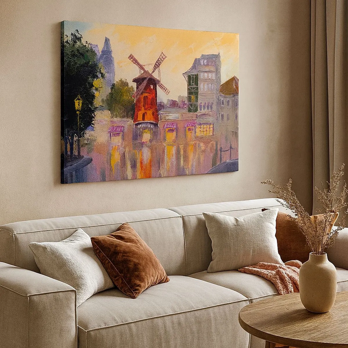 Quadro em tela - O moinho de vento vermelho do Moulin Rouge cercado pela paisagem urbana - 70x50cm - Ícones parisienses – Moulin Rouge - Decoração de parede moderna para a sala de estar e quarto ARTTOR