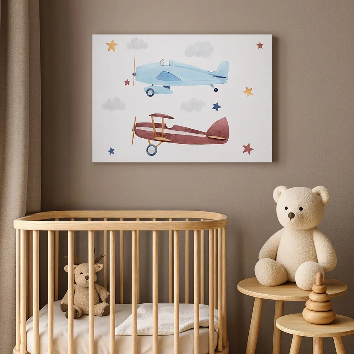 Quadro em tela - Aviões pintados à mão contra um fundo de nuvens e estrelas - 70x50cm - Sr. Piloto, estamos a aguardar! - Decoração de parede moderna para a sala de estar e quarto ARTTOR