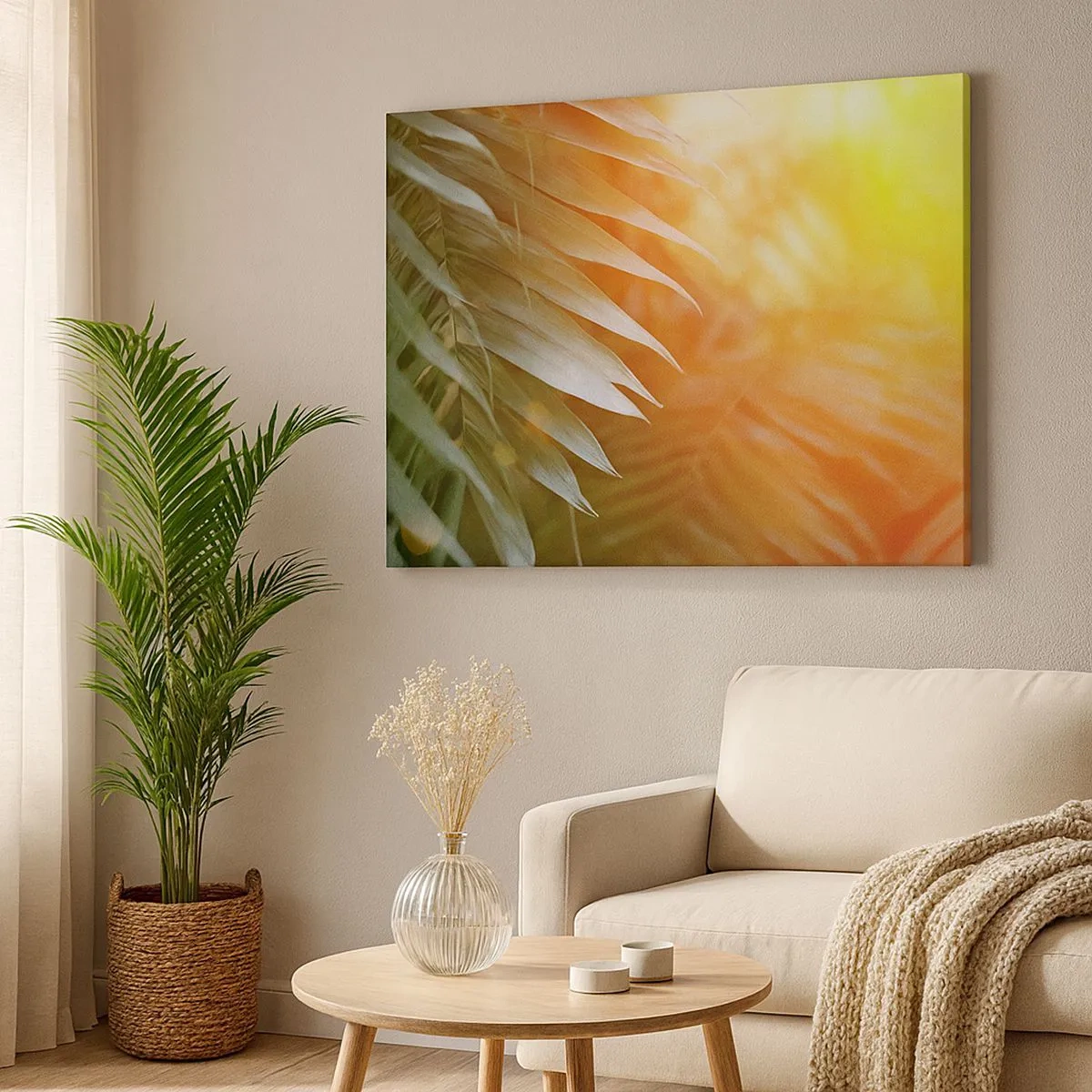 Quadro em tela - Folhas de palmeira sob os raios do pôr do sol - 70x50cm - Manhã na selva - Decoração de parede moderna para a sala de estar e quarto ARTTOR
