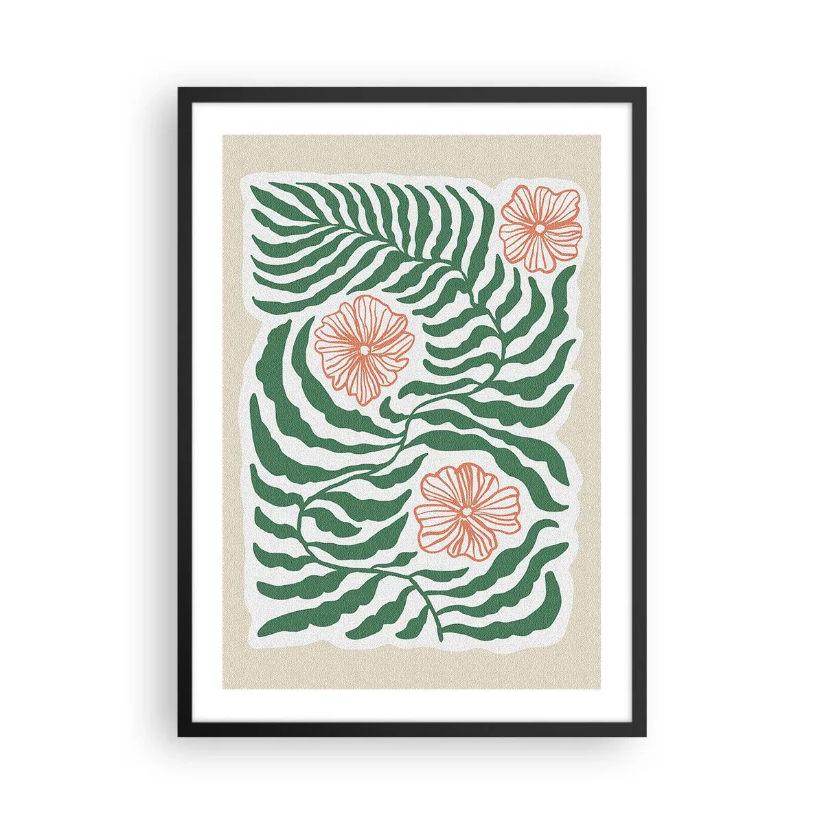 Pôster com moldura preta - Gráfico abstrato de folhas e flores em um fundo bege - 50x70cm - Florescendo em verde - Decoração de parede moderna para a sala de estar e quarto ARTTOR