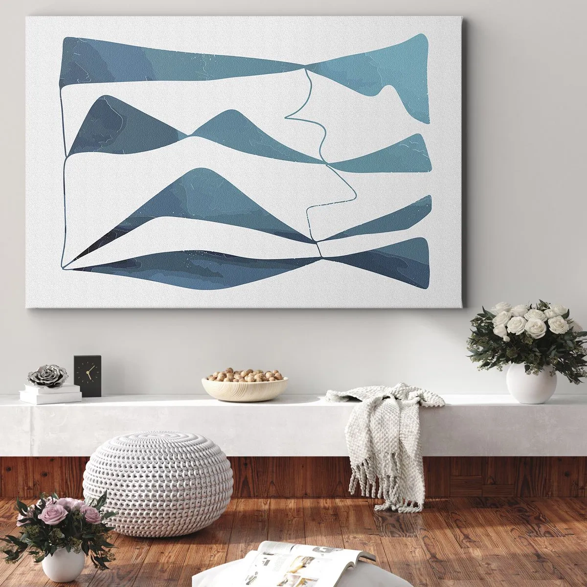 Quadro em tela - Formas abstratas em tons de azul sobre fundo branco - 70x50cm - Abstração: composto turquesa - Decoração de parede moderna para a sala de estar e quarto ARTTOR