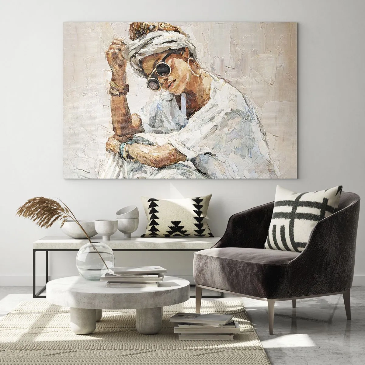 Quadro em vidro - Retrato de uma mulher com óculos e turbante pintado com espátula - 70x50cm - Retrato em pleno sol - Decoração de parede moderna para a sala de estar e quarto ARTTOR