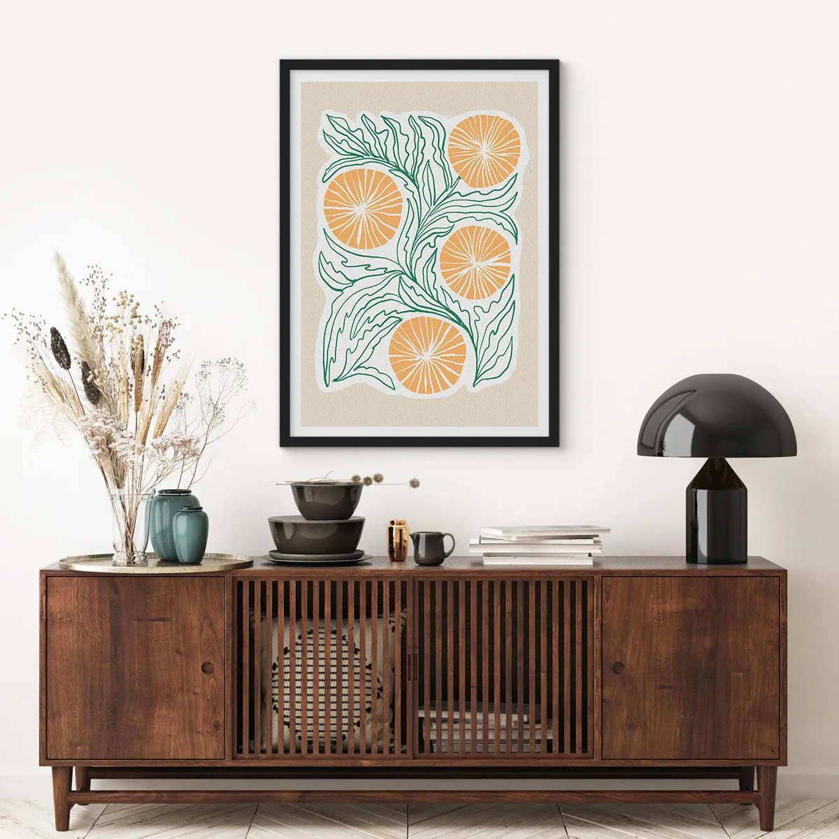 Pôster com moldura preta - Composição abstrata de folhas e laranjas em um fundo bege - 50x70cm - Étnico com um toque de abstração - Decoração de parede moderna para a sala de estar e quarto ARTTOR