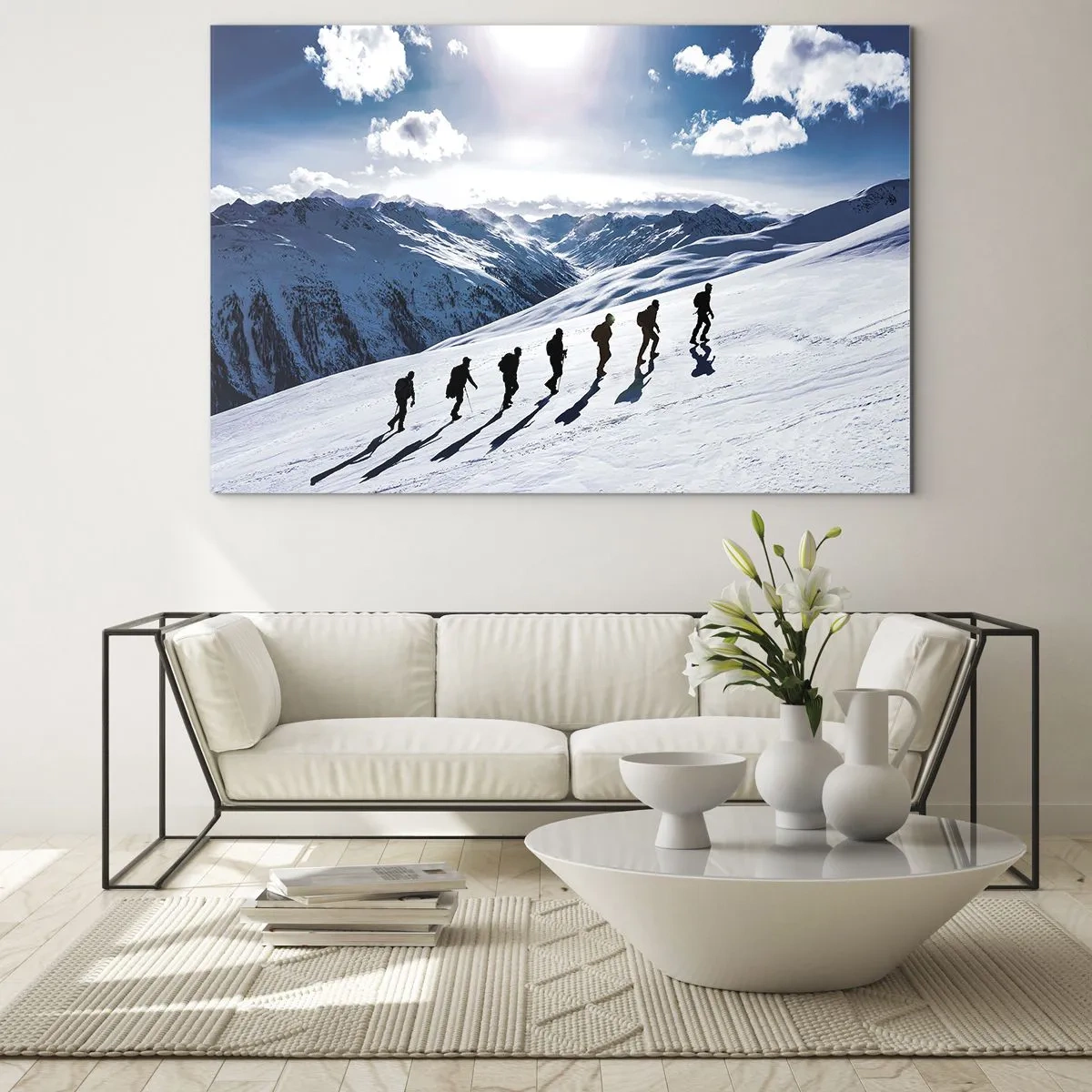 Quadro em vidro - Escalada em grupo em uma encosta coberta de neve nas montanhas - 70x50cm - A equipa vencedora - Decoração de parede moderna para a sala de estar e quarto ARTTOR